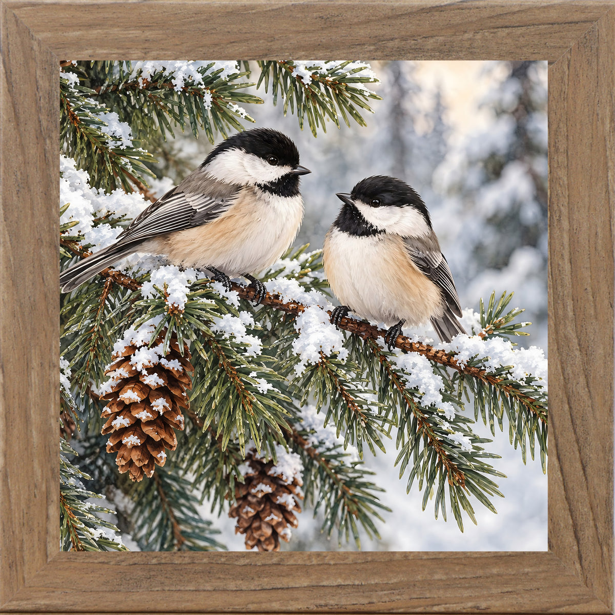 Farmtable framed square winter chickadee wall art featuring two black-capped chickadees perched on a snowy pine branch with pinecones