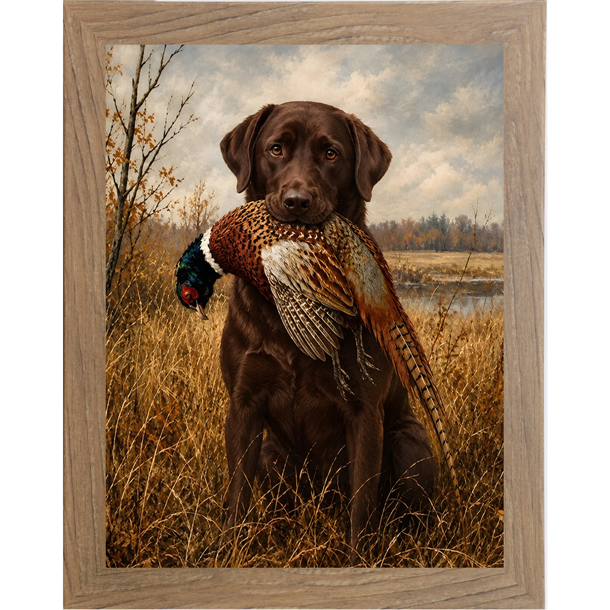 Farmtable framed portrait heritage hunting dog wall art featuring a chocolate Labrador holding a pheasant in a golden autumn field
