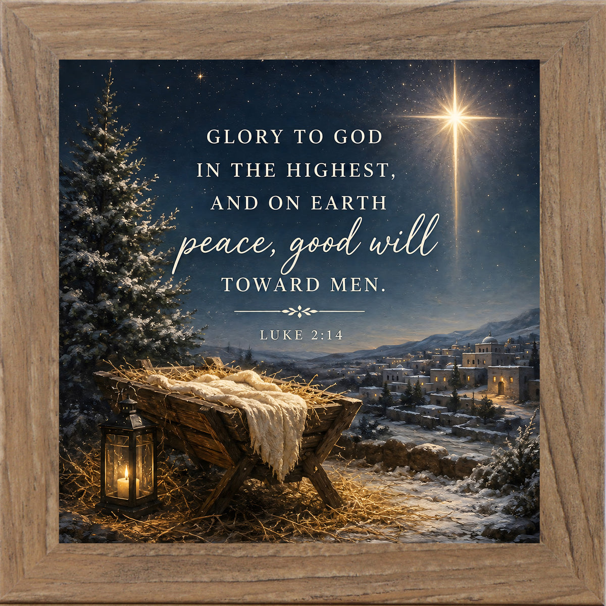 "Glory to God in the Highest nativity wall art in a farmtable frame, featuring Luke 2:14 scripture, starry night sky, and snowy pine tree"
