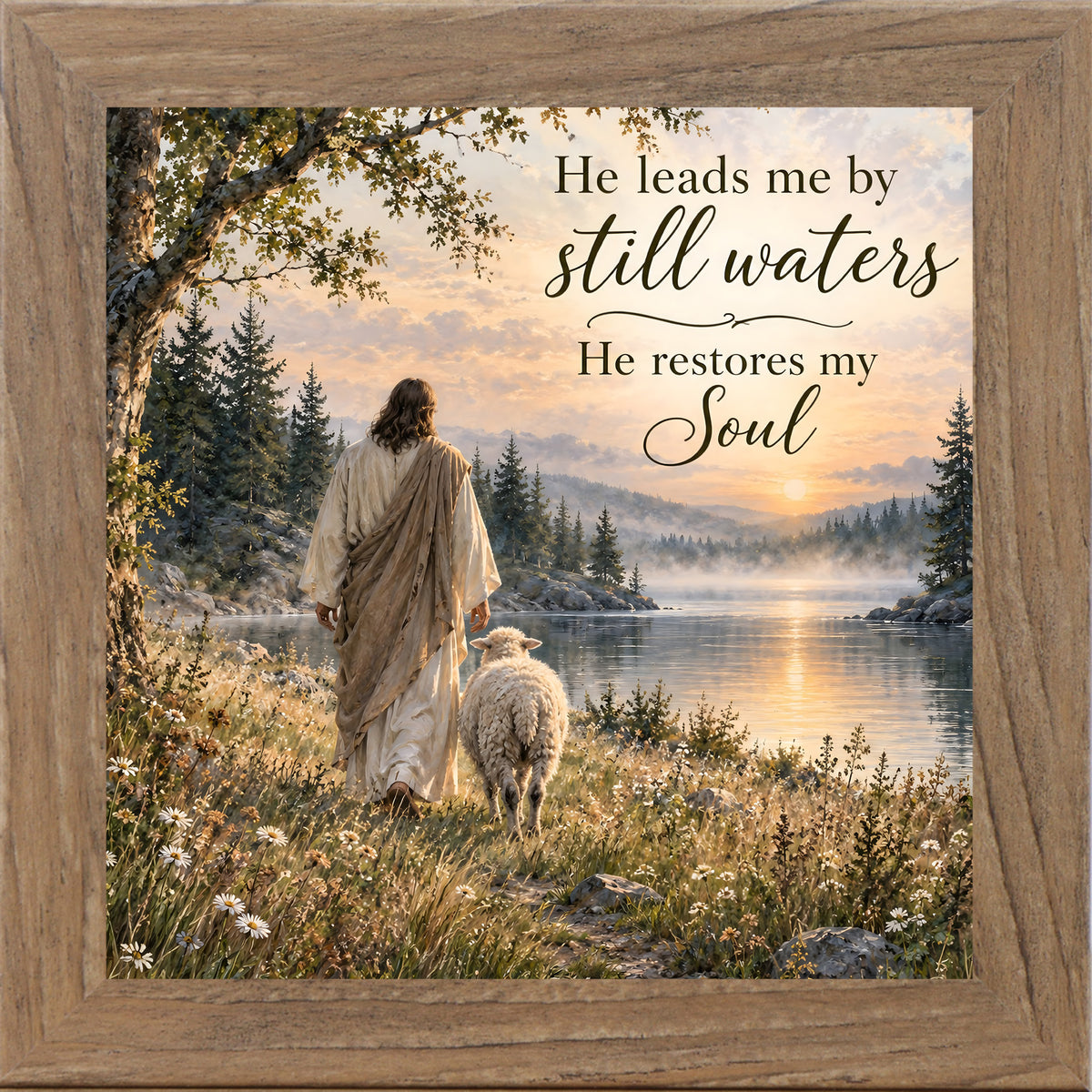 Farmtable framed square Christian wall art featuring Christ walking beside a lamb at a sunset lake with the words "He Leads Me By Still Waters He Restores My Soul"