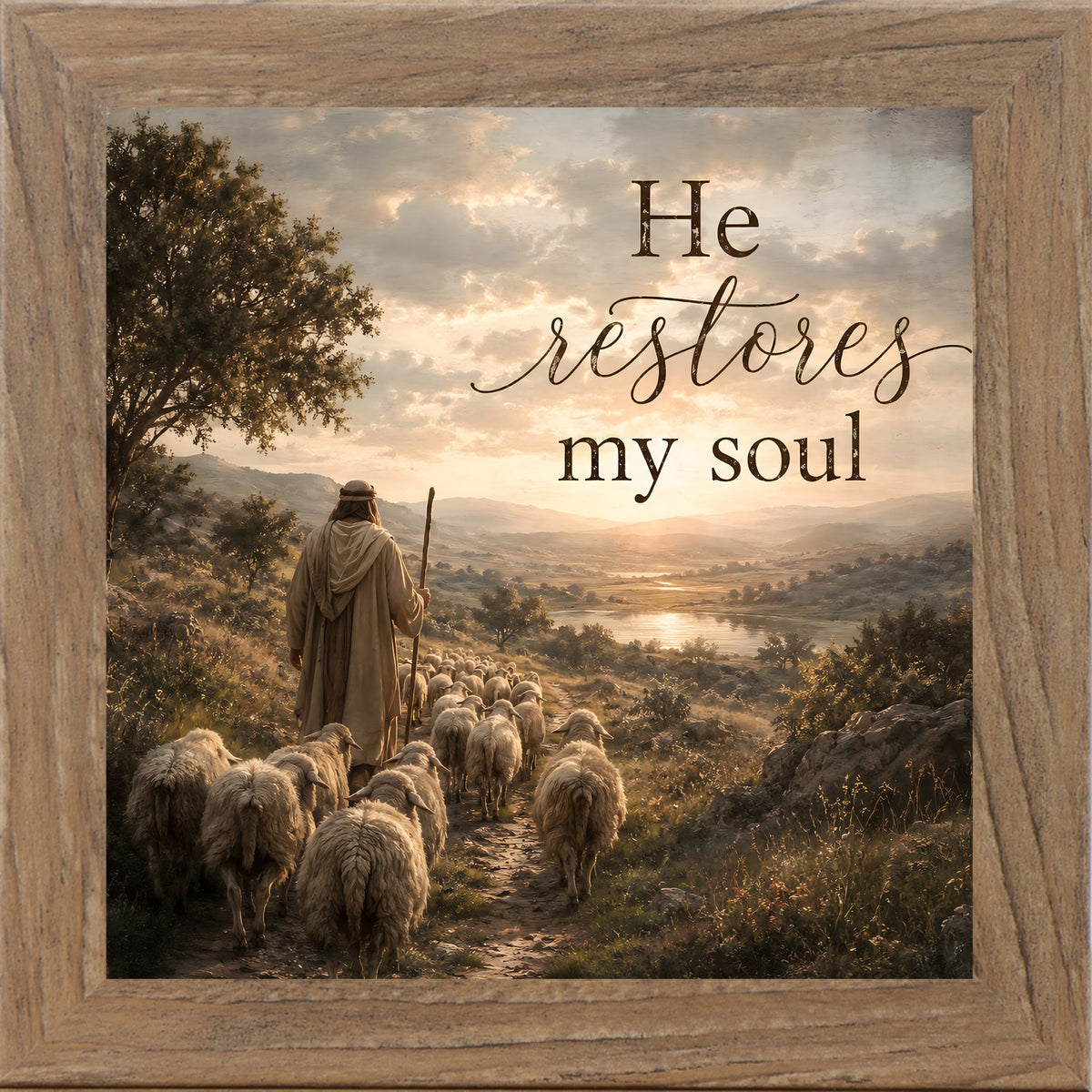 Farmtable framed square Christian wall art featuring a shepherd leading a flock of sheep down a golden hillside toward a river valley with the words "He Restores My Soul"
