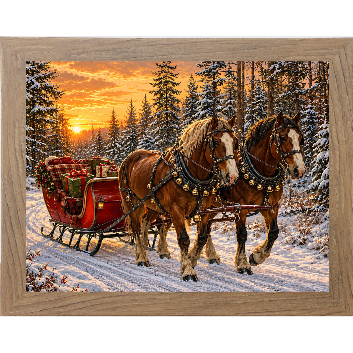 Farmtable framed landscape heritage Christmas wall art featuring two bay draft horses pulling a red sleigh piled with presents through a golden sunset forest