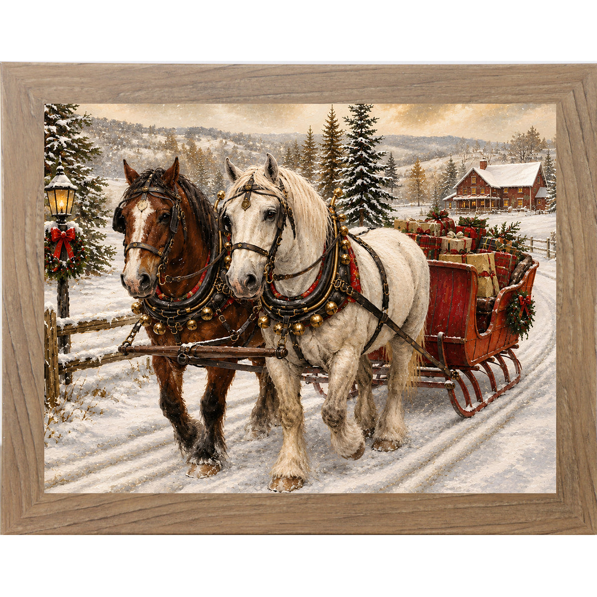 Farmtable framed landscape heritage Christmas wall art featuring two draft horses pulling a red sleigh piled with presents through a snowy country lane