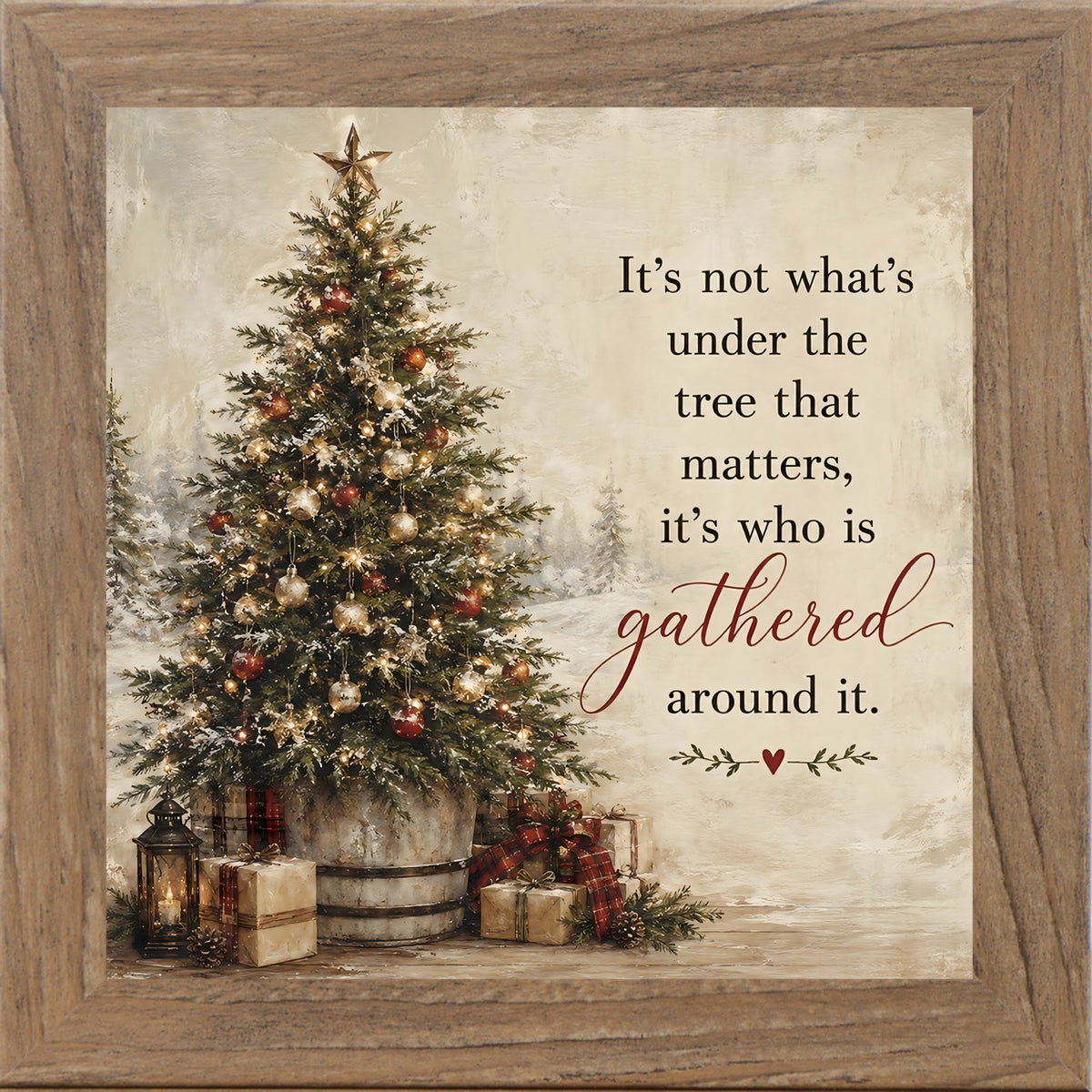 It's Not What's Under the Tree wall art in farmtable frame, Christmas tree and lantern