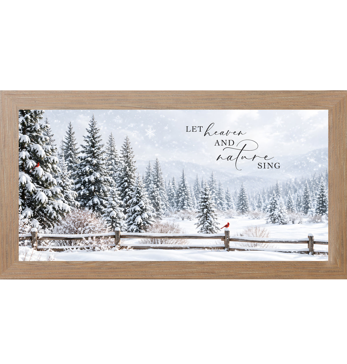 Let Heaven and Nature Sing wall art in farmtable frame, snowy farmhouse winter scene
