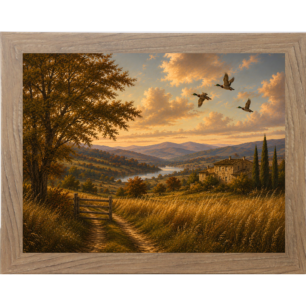 Farmtable framed landscape vintage sporting wall art featuring mallards flying over a golden river valley with a distant countryside villa