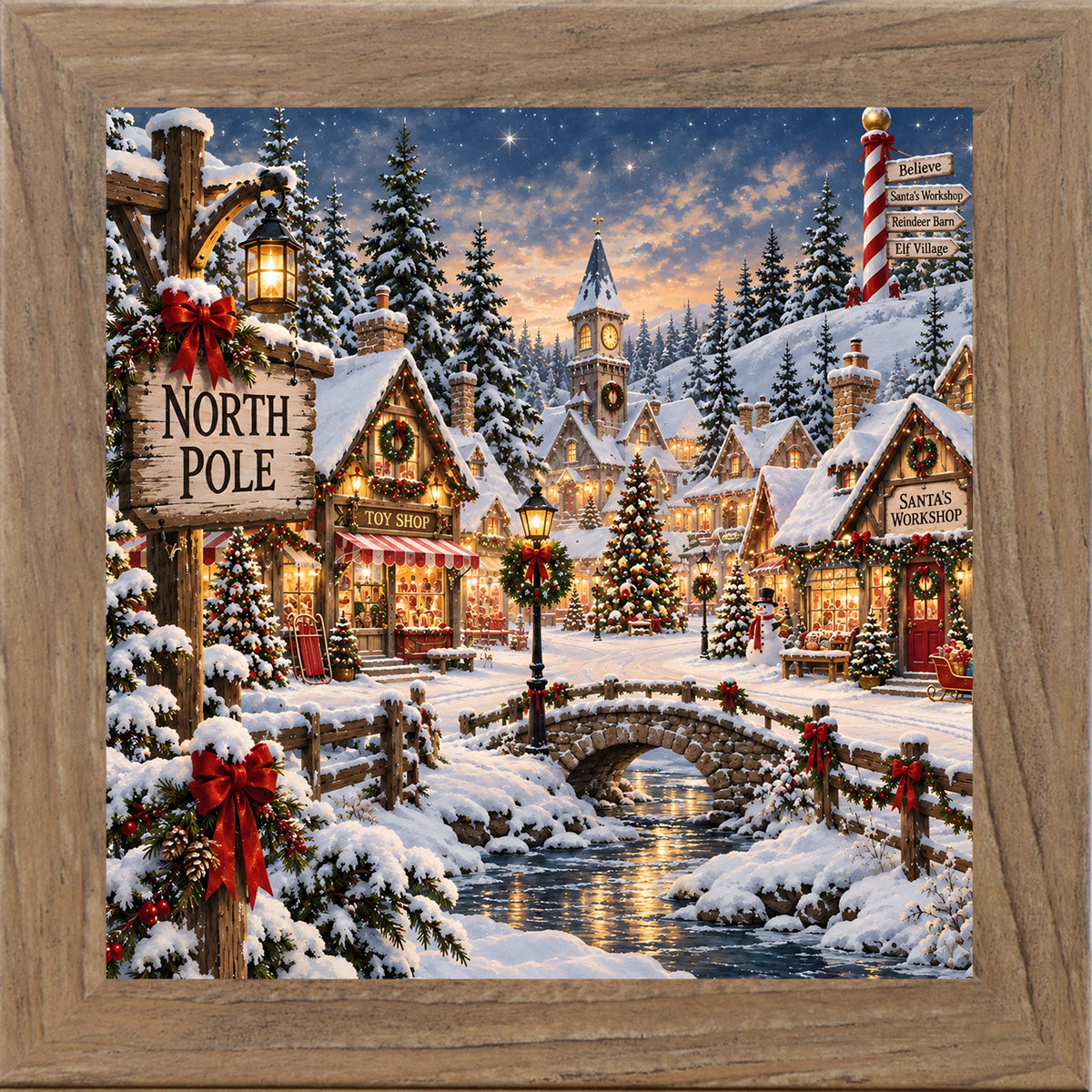 Farmtable framed square North Pole village Christmas wall art with snow-covered shops, a clock tower, and a stone bridge at twilight