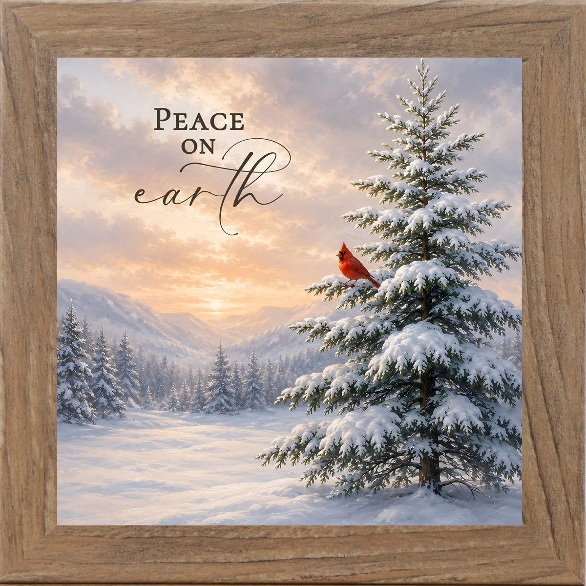 Peace on Earth wall art in farmtable frame, snowy pine and cardinal
