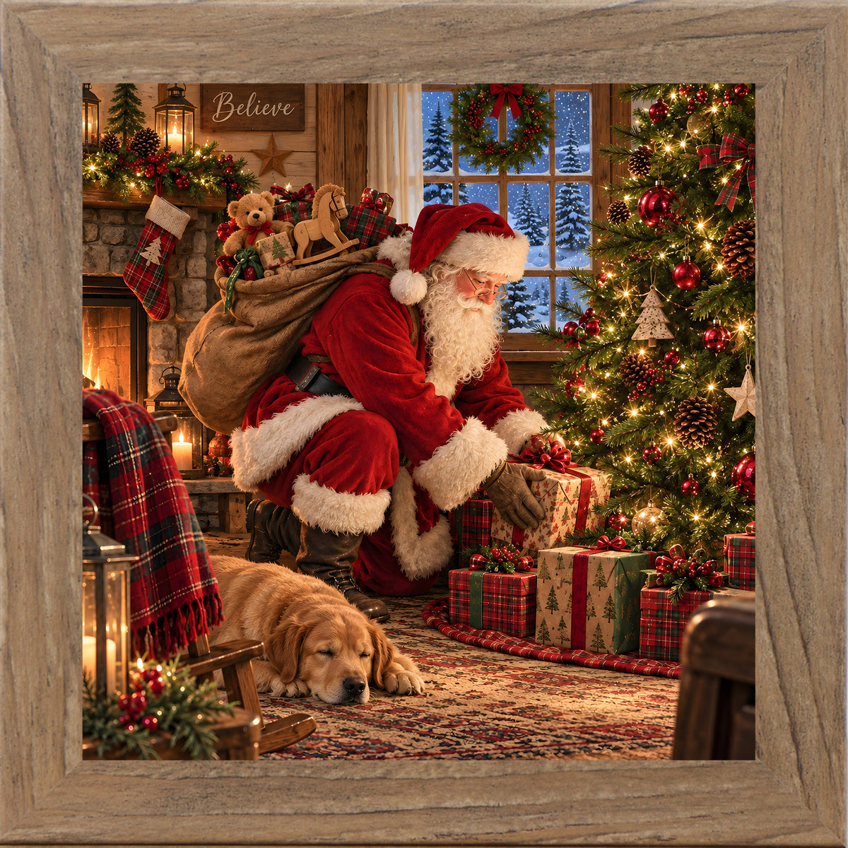 Farmtable framed square Santa Claus Christmas wall art featuring Santa delivering presents beside a tree with a sleeping golden retriever puppy