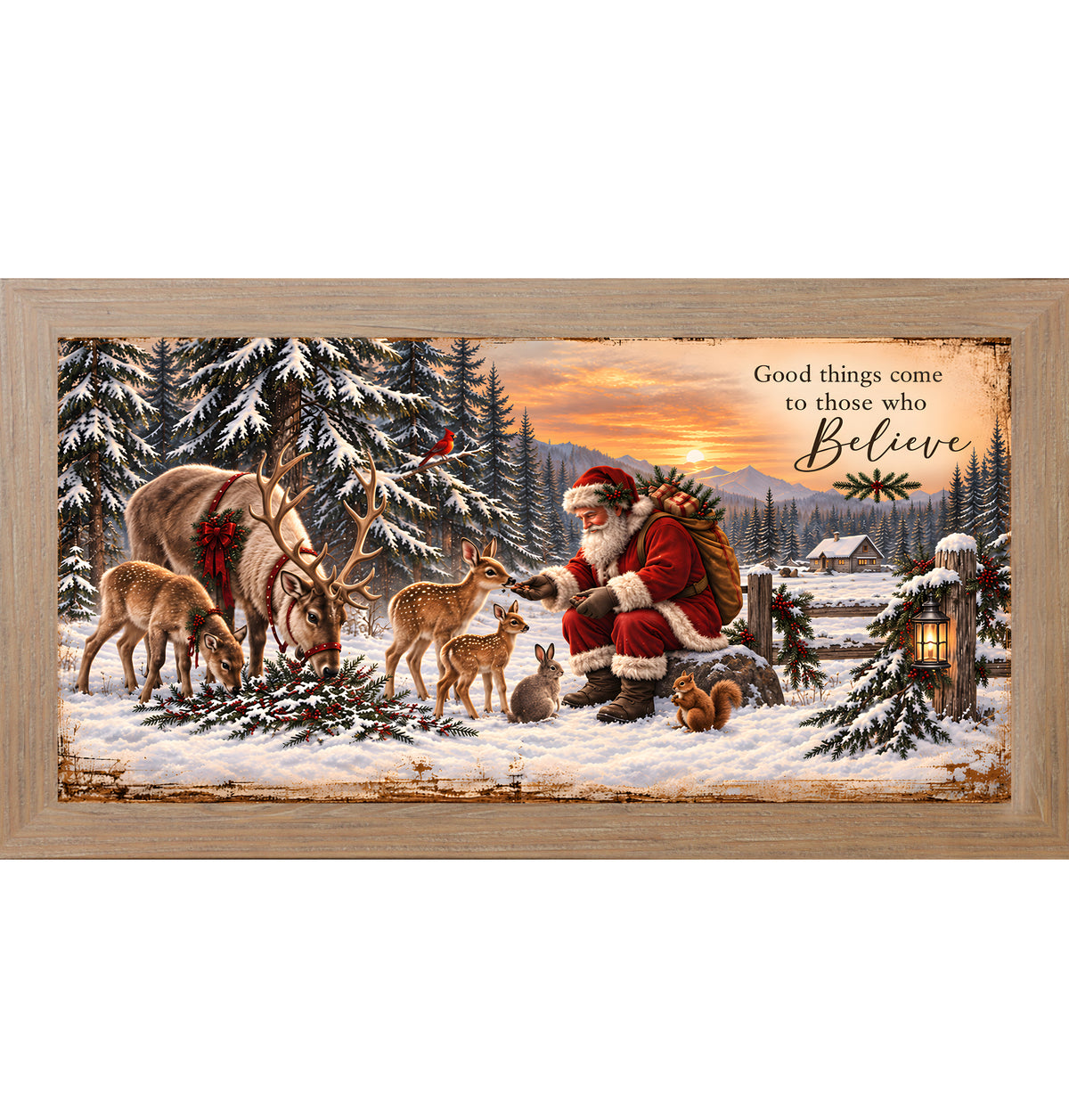 Santa feeding the animals wall art in farmtable frame, Santa and reindeer sunset cabin scene