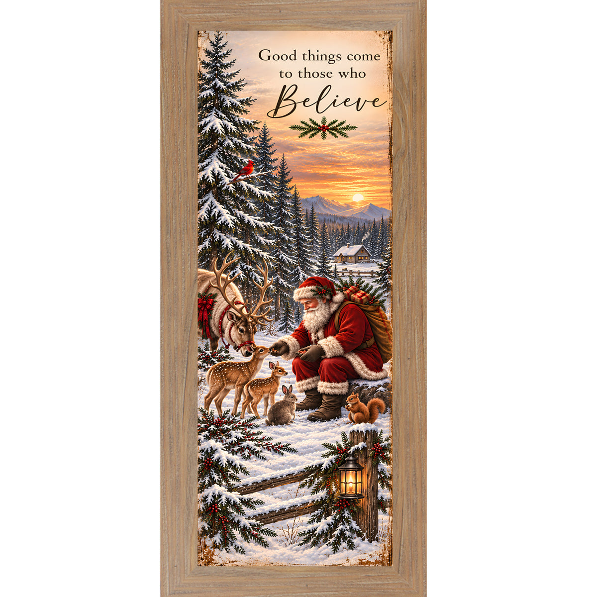 Santa feeding the animals wall art in farmtable frame, storybook Christmas woodland