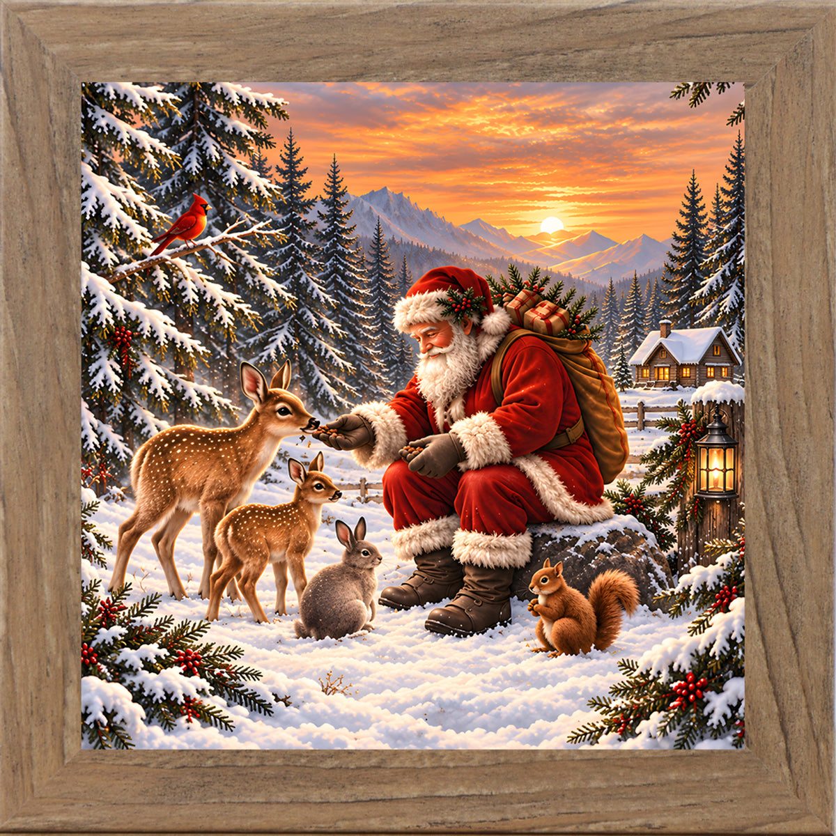 Santa feeding forest animals wall art in farmtable frame, Santa and fawns in snow