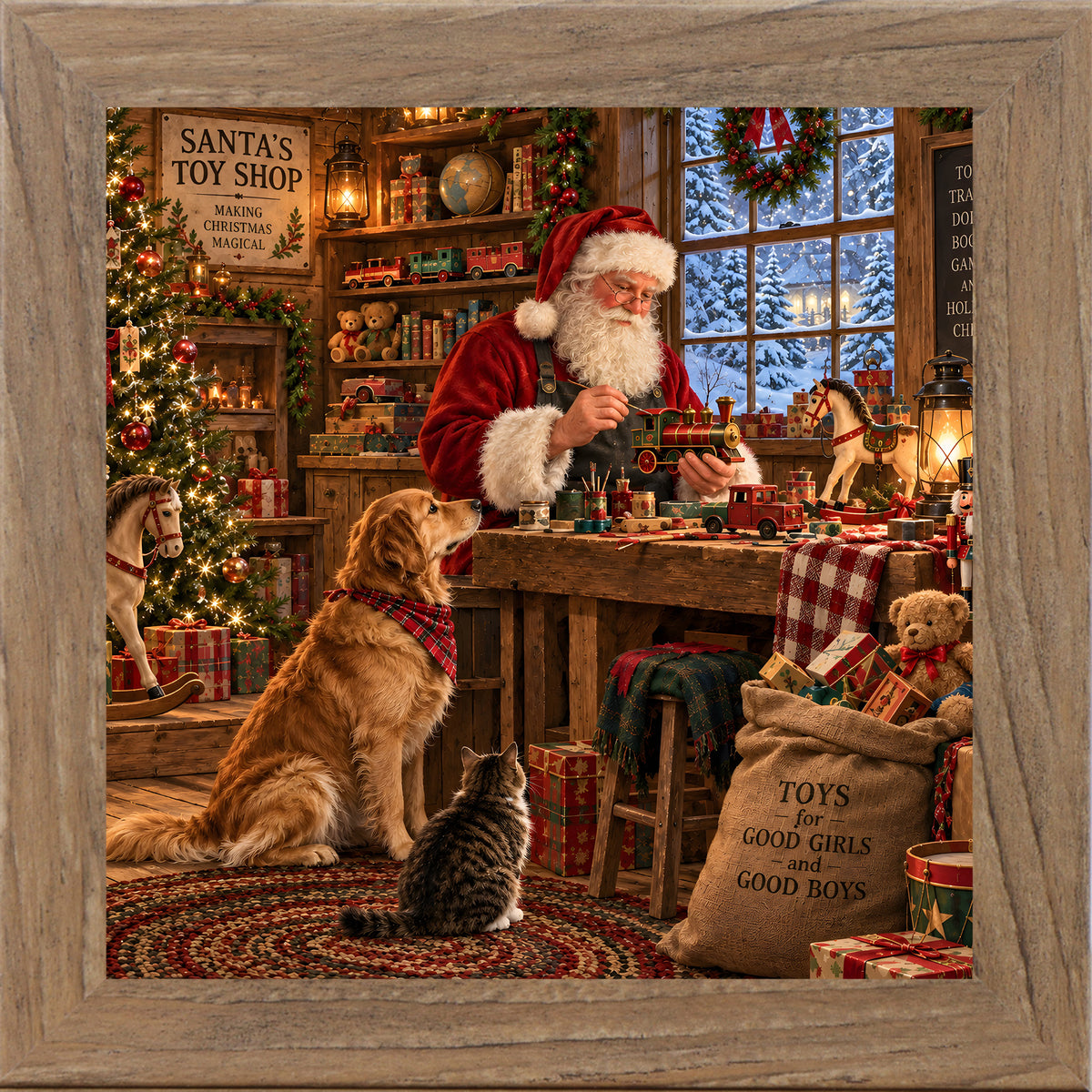 Farmtable framed square Santa's toy shop Christmas wall art featuring Santa building toys with a golden retriever and cat watching