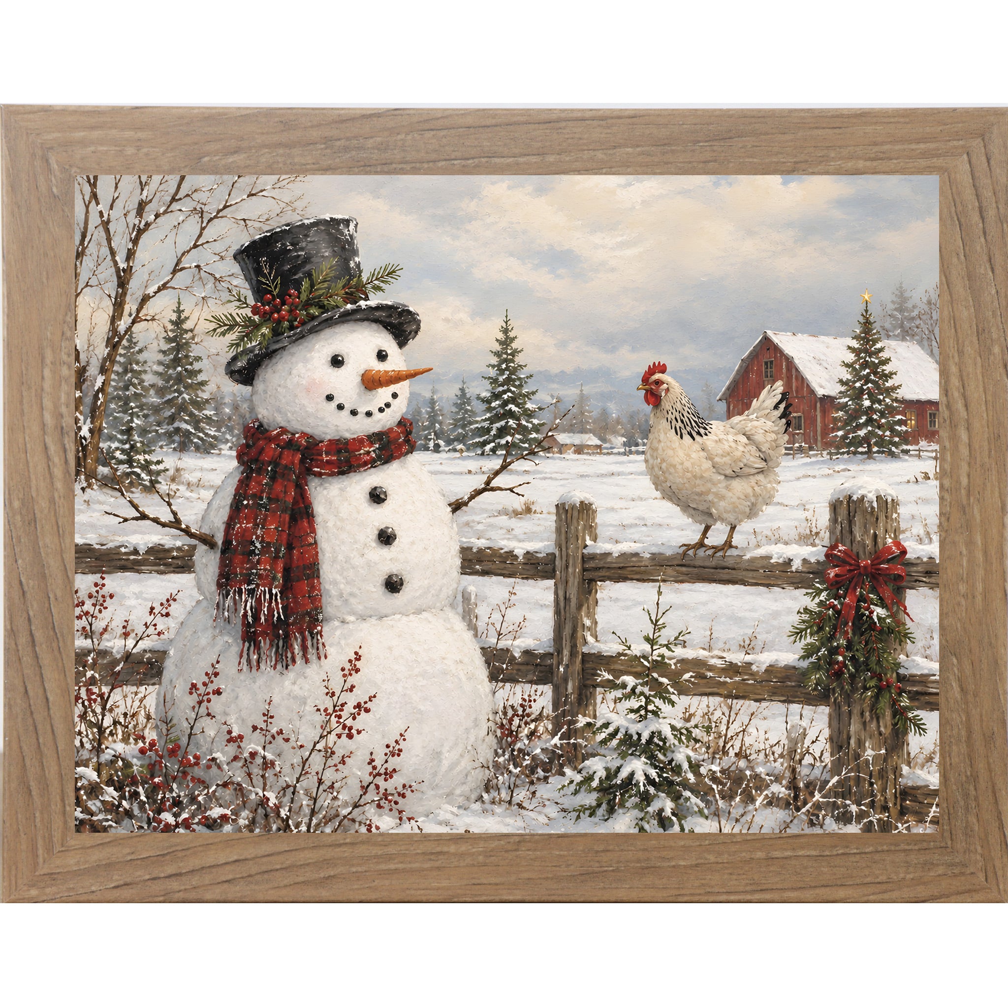 Farmtable framed landscape rural winter wall art featuring a snowman in a top hat and a hen perched on a fence in front of a red barn