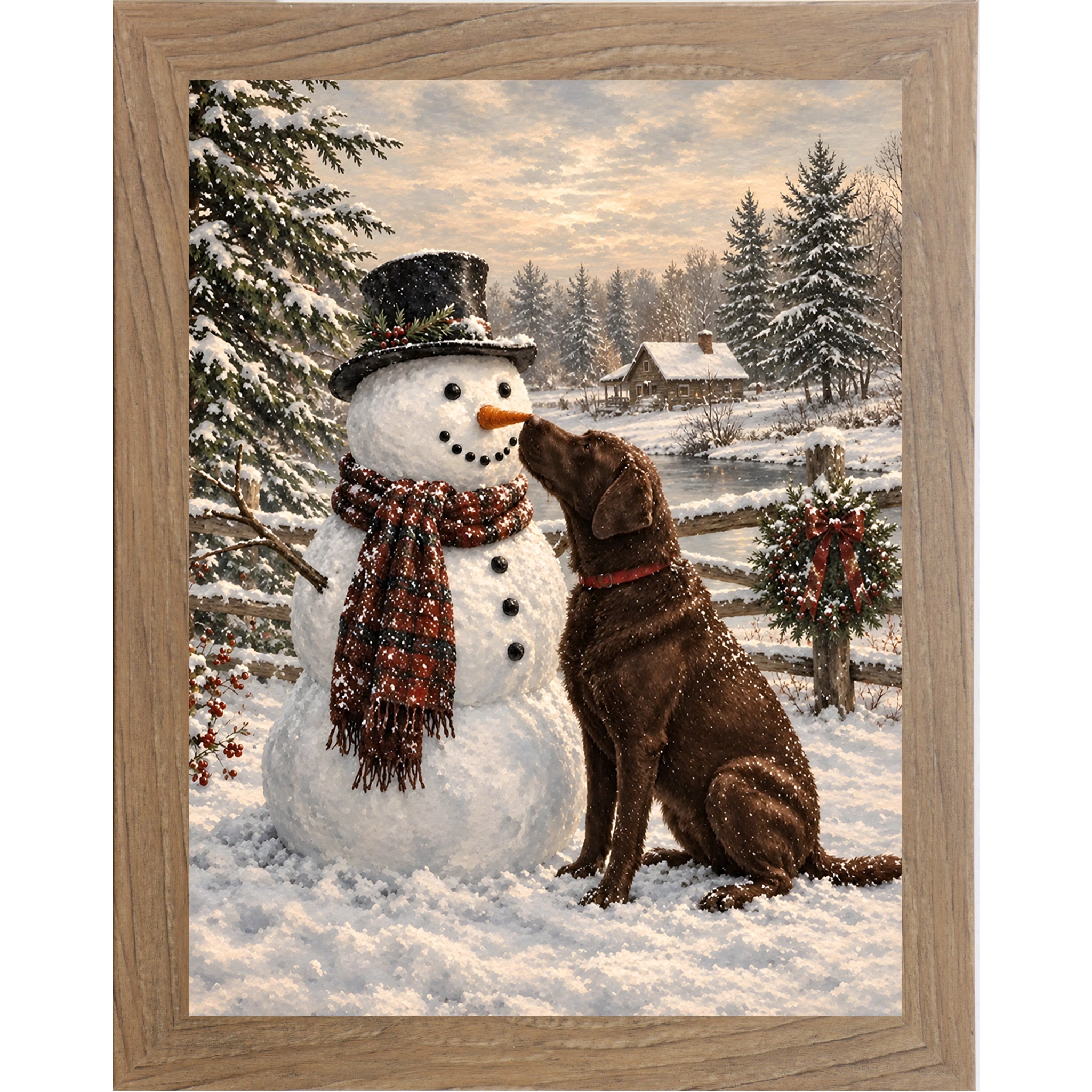 Farmtable framed portrait heritage Christmas wall art featuring a chocolate Labrador nosing a top-hatted snowman in a plaid scarf against a snowy countryside scene