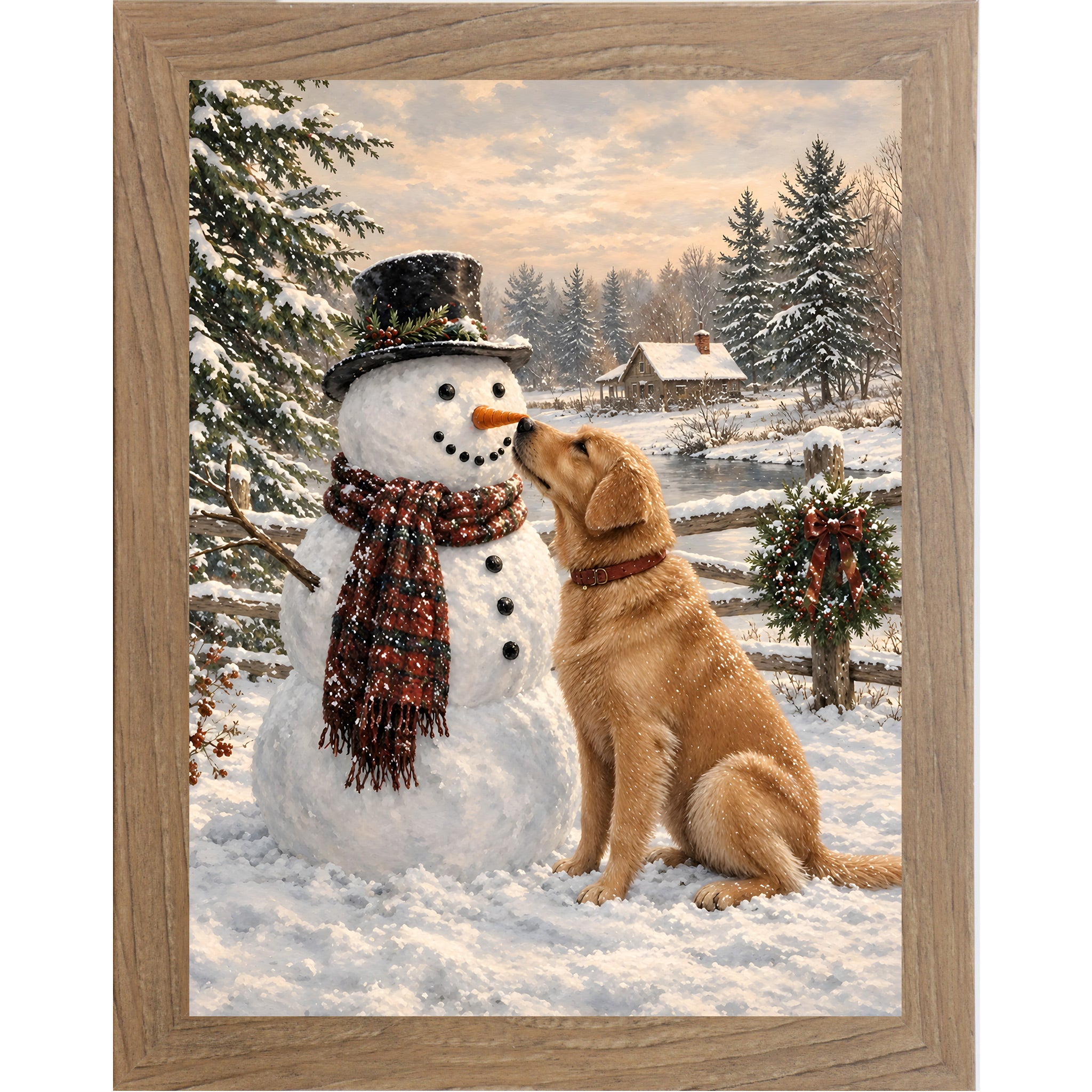 Farmtable framed portrait heritage Christmas wall art featuring a golden retriever nosing a top-hatted snowman in a plaid scarf against a snowy countryside scene