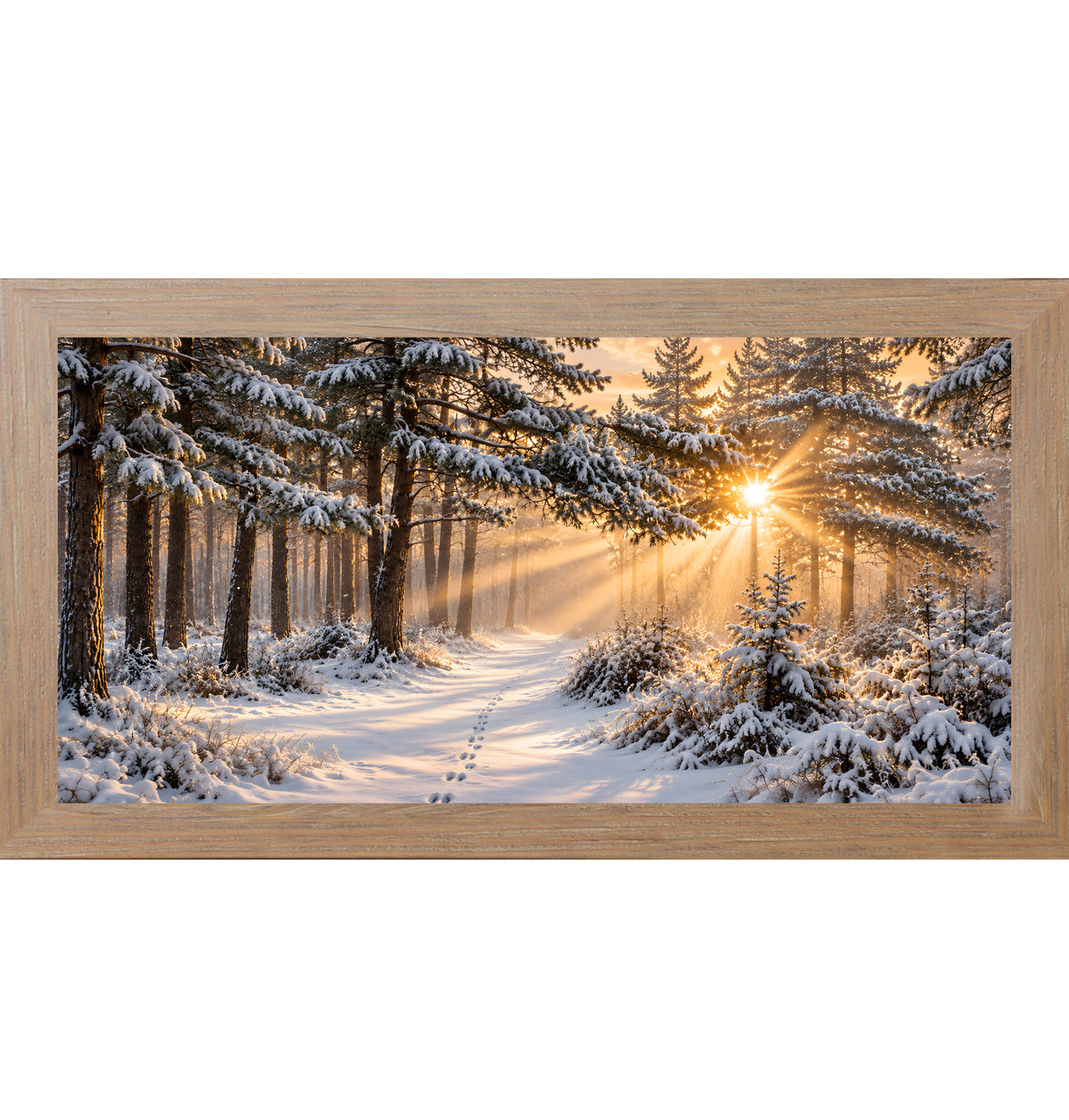 Snowy forest sunrise wall art in a farmtable frame, rustic winter pine forest scene