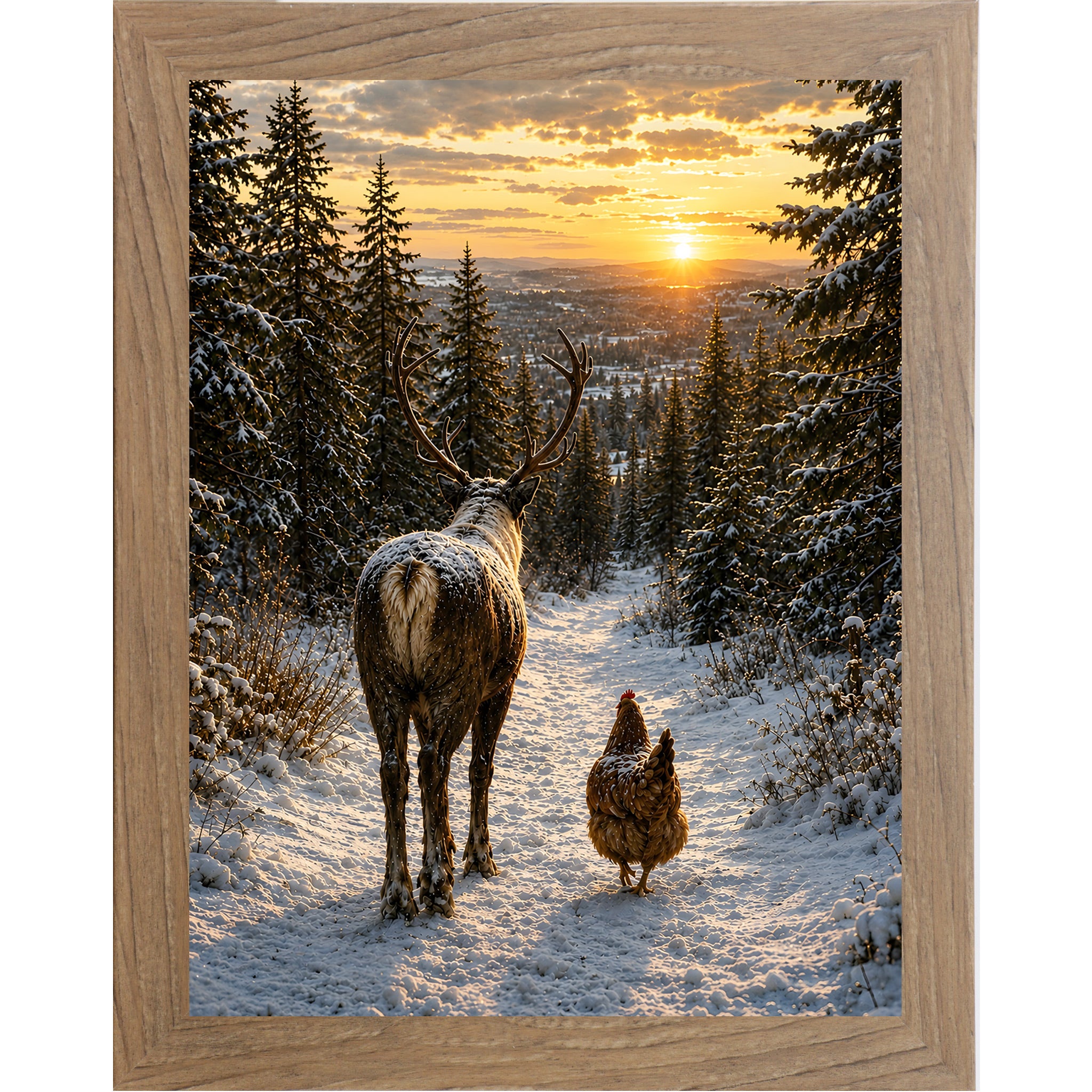 Farmtable framed portrait winter wall art featuring a stag and a hen walking down a snowy forest path at golden sunset