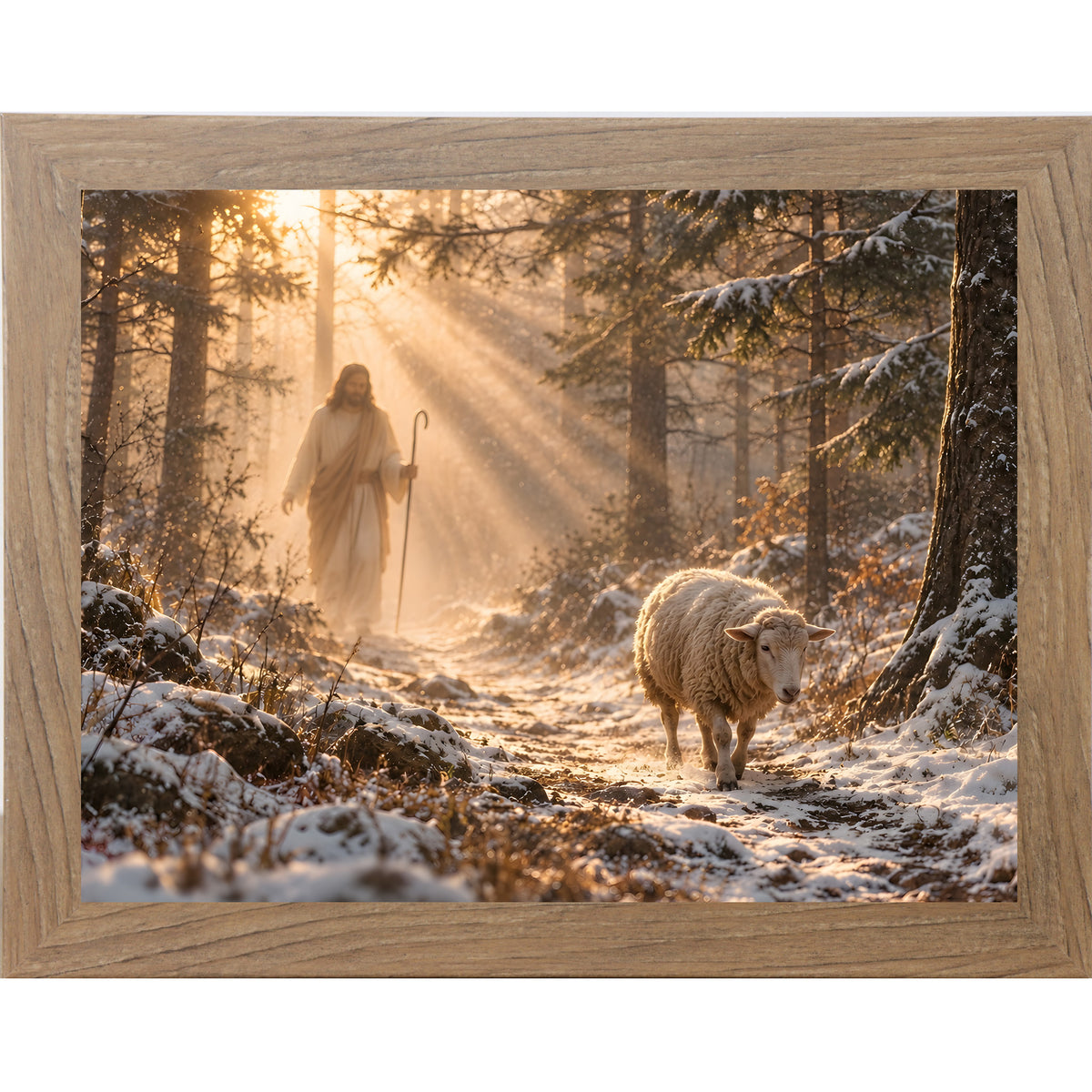 Farmtable framed landscape Christian wall art featuring Christ walking a snow-covered forest path with a sheep following behind