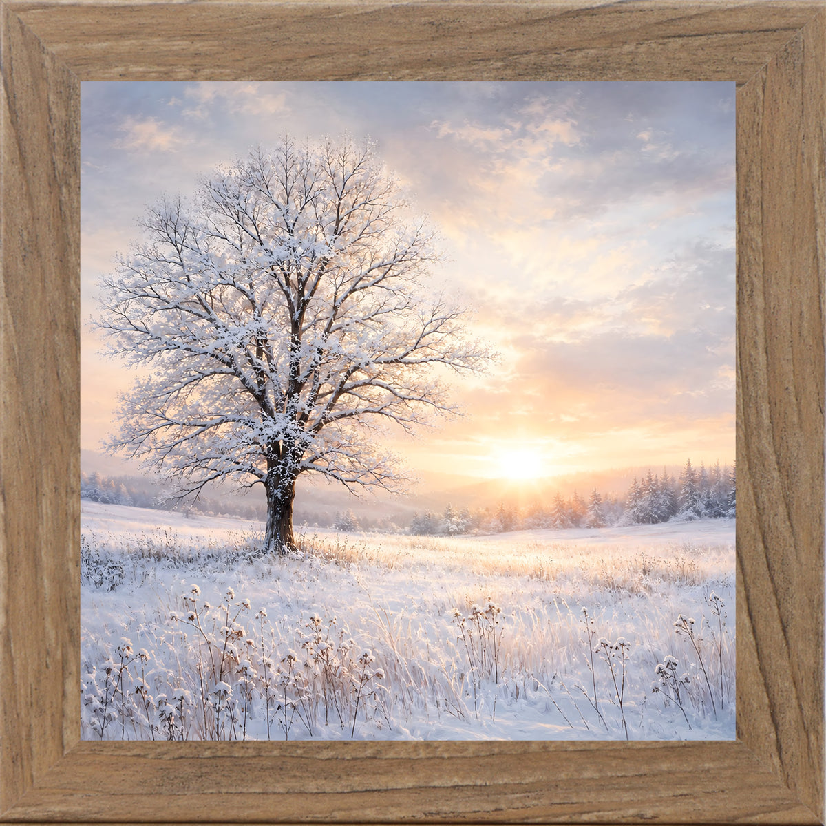 Farmtable framed square winter wall art featuring a snow-dusted tree against a glowing sunset over a snowy field