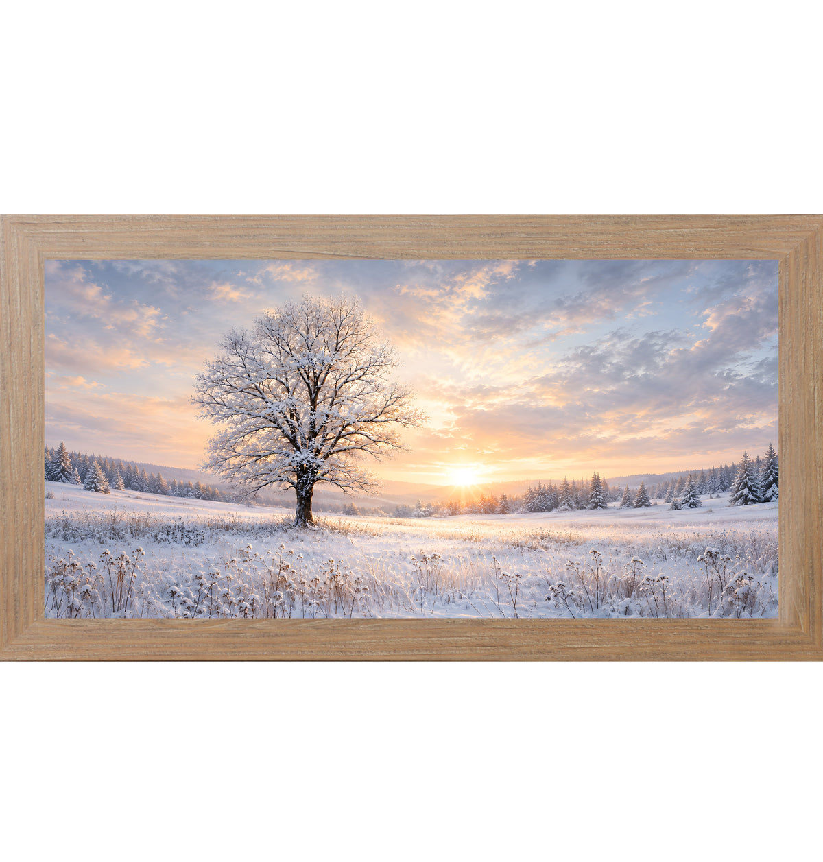 Farmtable framed wide panoramic winter wall art featuring a snow-dusted tree against a glowing sunset stretching across a snowy field