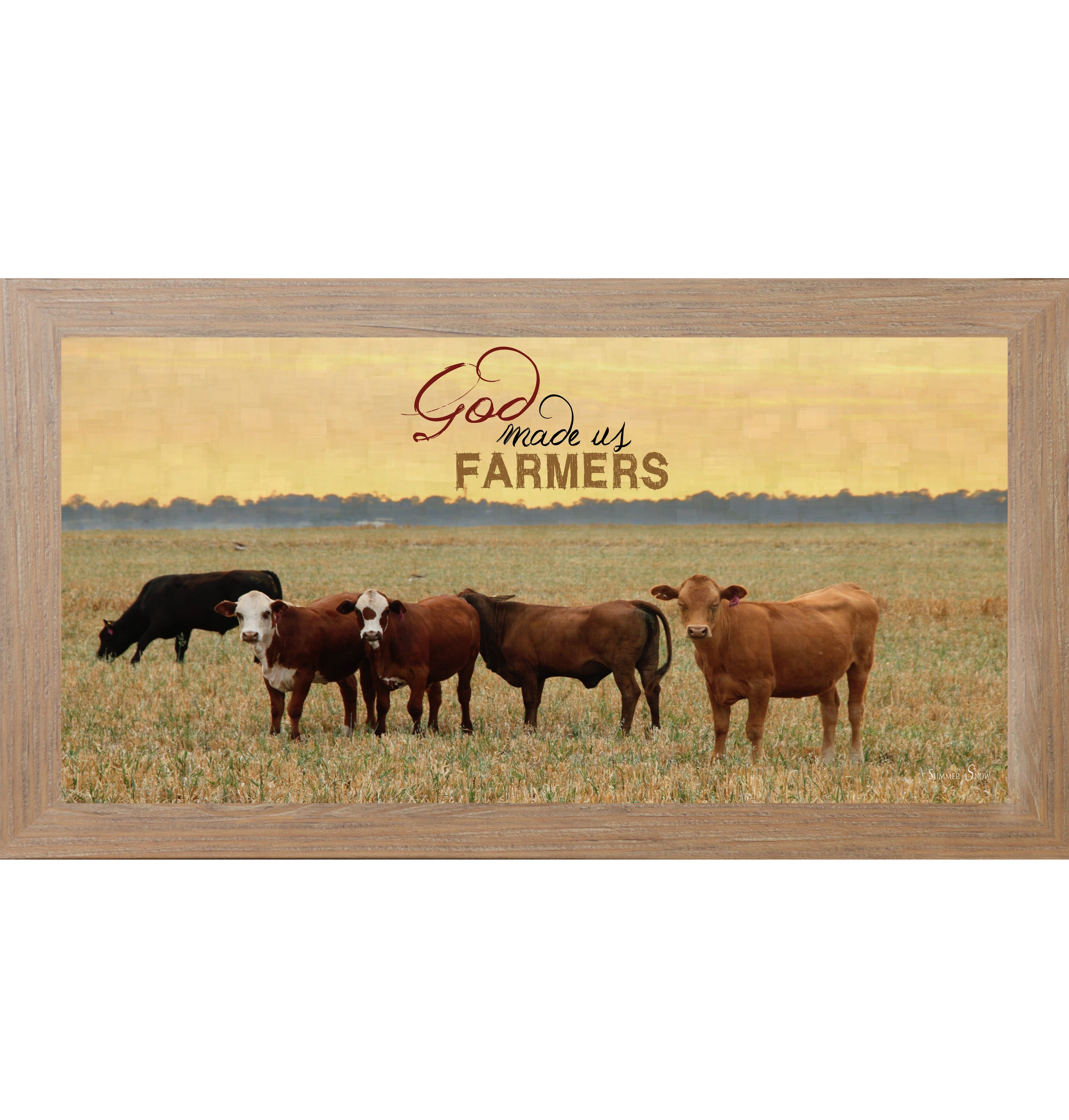Farmtable framed wide panoramic farmhouse wall art featuring cattle grazing in a golden sunset field with pallet wood background and the words God Made Us Farmers