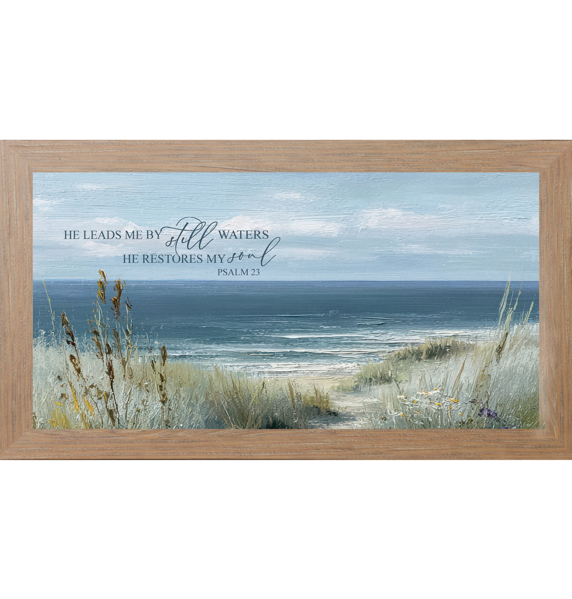 Farmtable framed wide landscape Christian coastal wall art featuring a sandy beach path through golden cattails and sea grasses to the teal ocean with the scripture He Leads Me By Still Waters He Restores My Soul Psalm 23