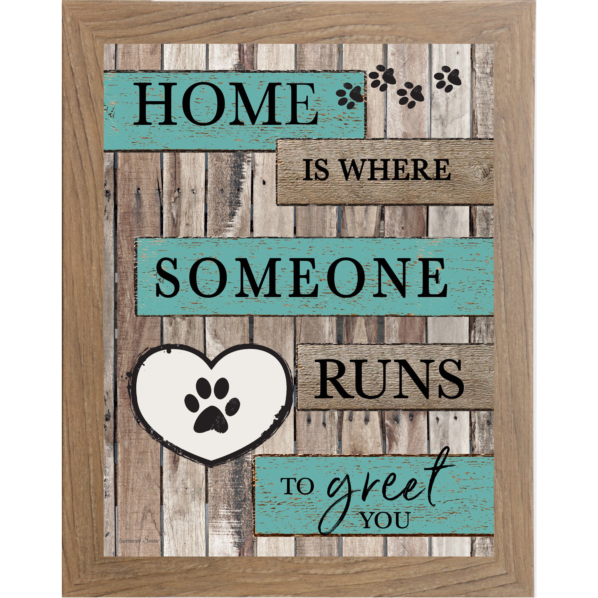 Farmtable framed portrait rustic pallet wood pet wall art with turquoise and wood plank banners reading Home Is Where Someone Runs to Greet You with a white paw print heart icon