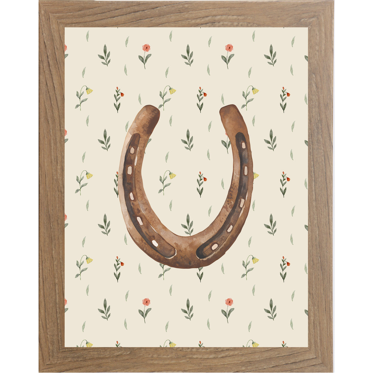 Farmtable framed portrait horseshoe wall art with warm brown watercolor horseshoe open end up on soft cream scattered wildflower floral background — western cowgirl good luck decor