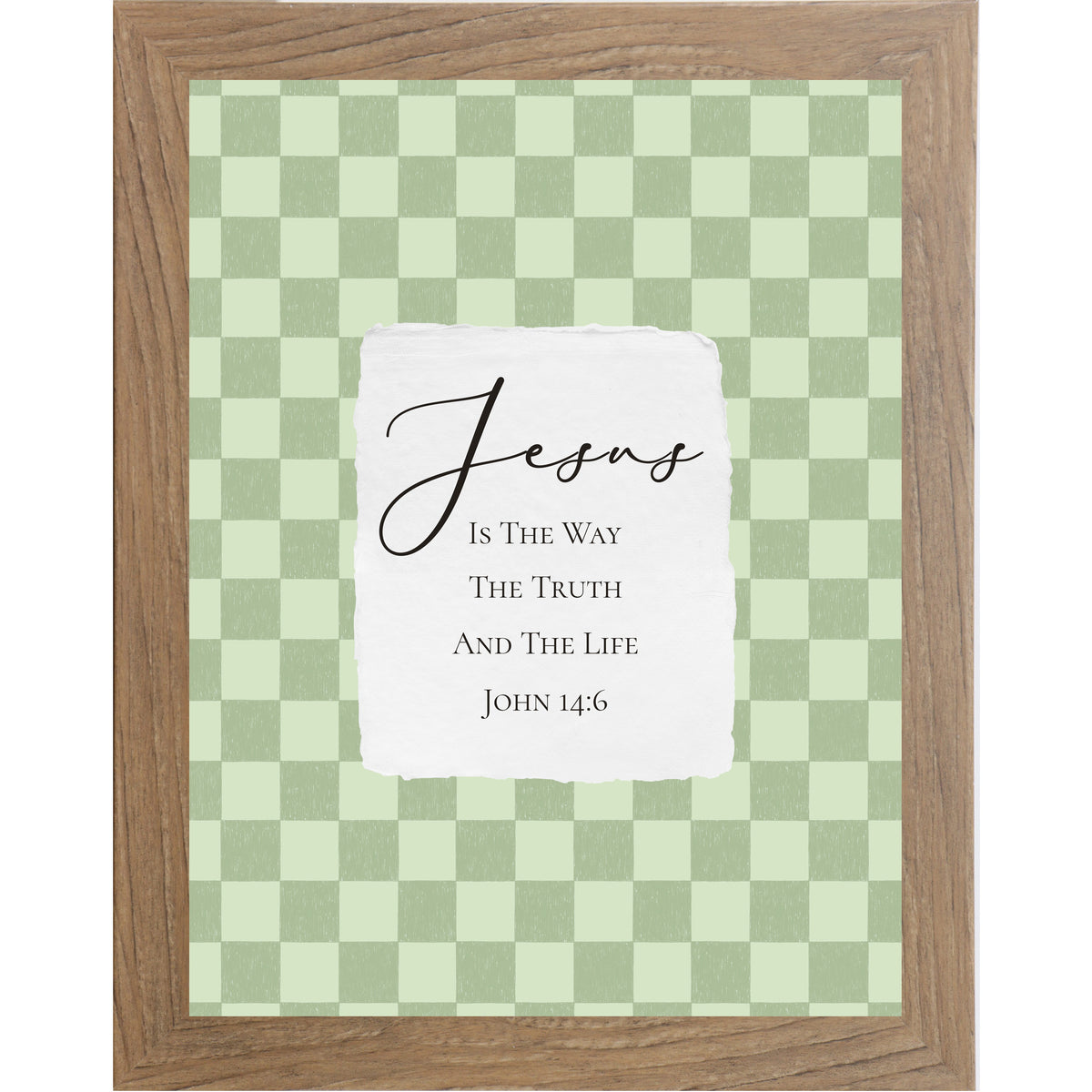 Farmtable framed portrait Christian wall art with sage green checkered background and torn-edge white center panel with Jesus Is The Way The Truth And The Life John 14:6 in elegant script