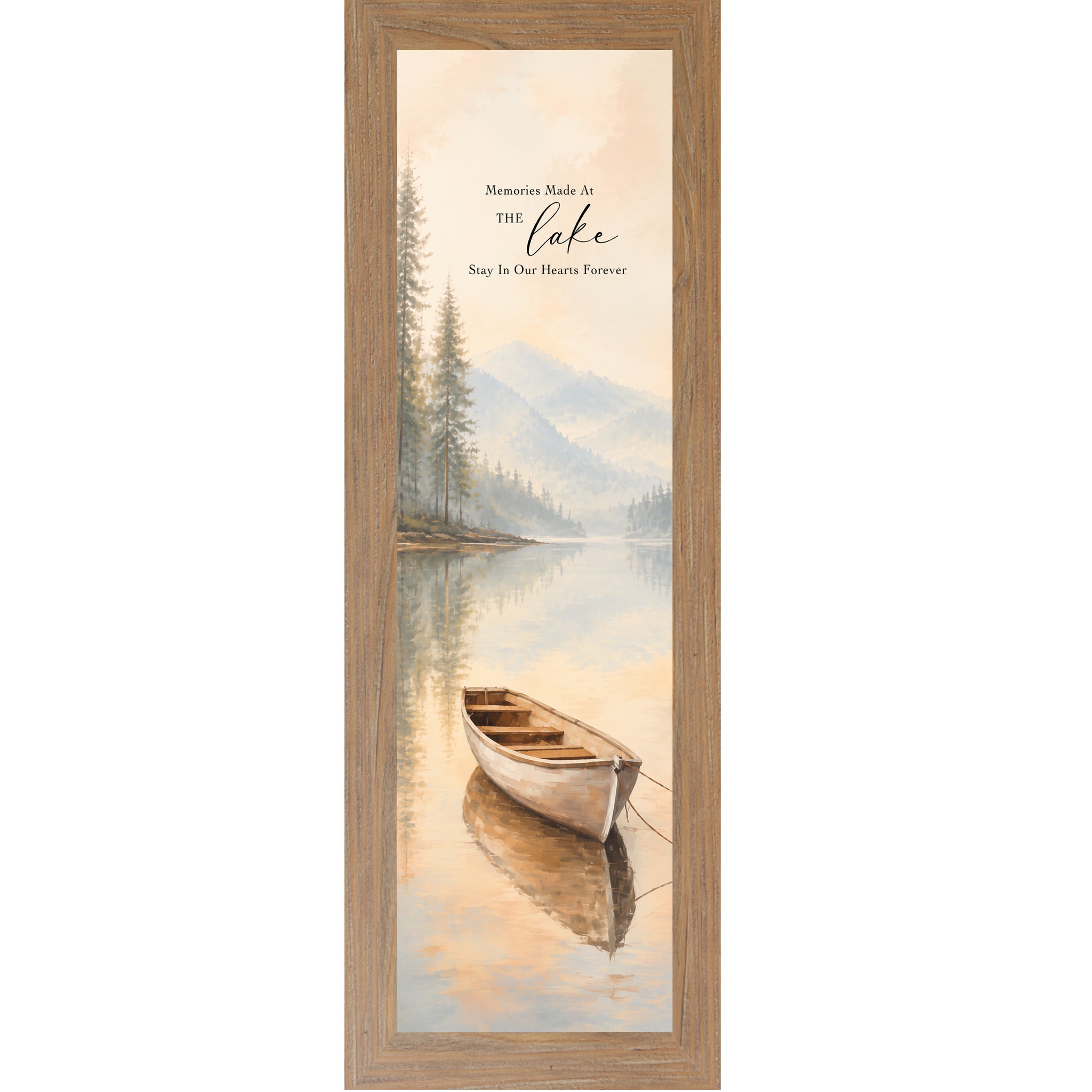 Farmtable framed narrow portrait lake house wall art featuring a watercolor rowboat on misty reflective water with pine trees and mountain backdrop with the words Memories Made At The Lake Stay In Our Hearts Forever