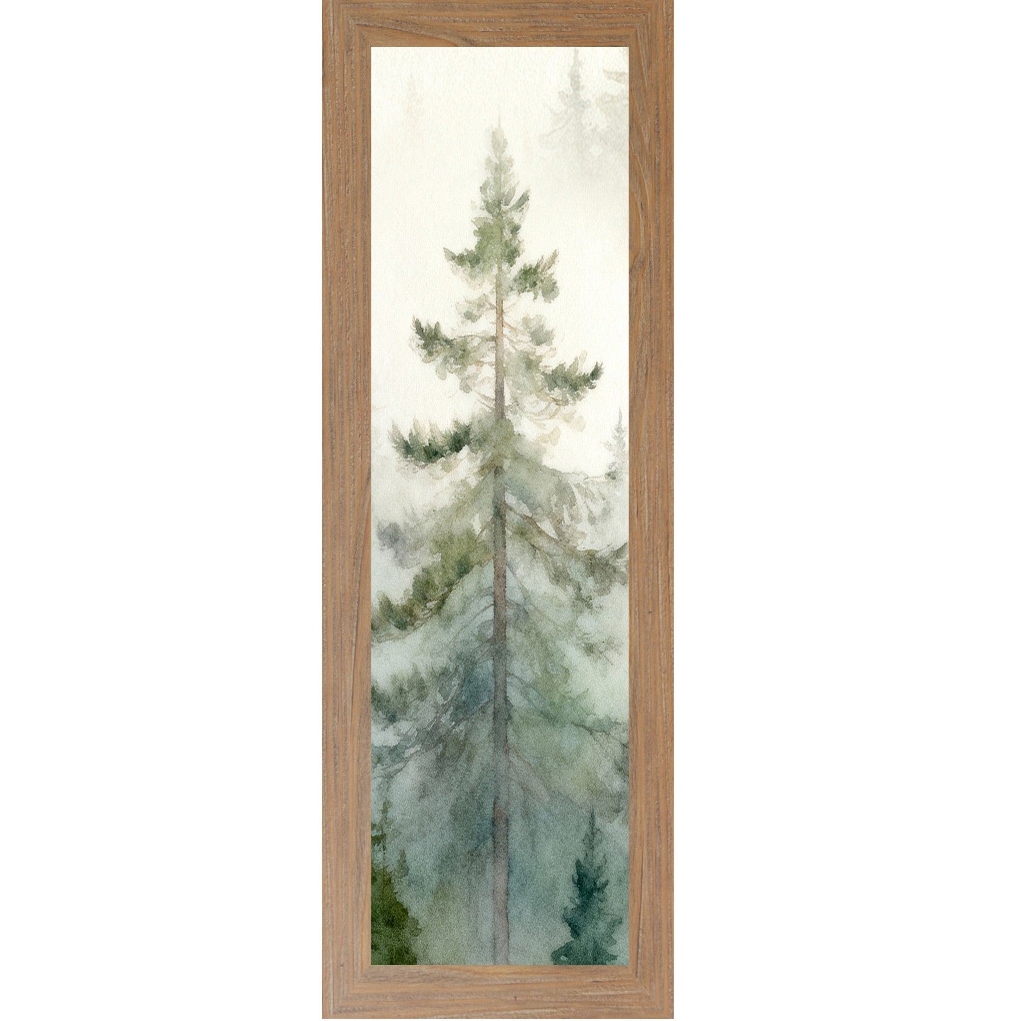 Farmtable framed narrow portrait watercolor pine forest wall art with single tall evergreen rising through soft morning mist against a sage green and cream misty forest background