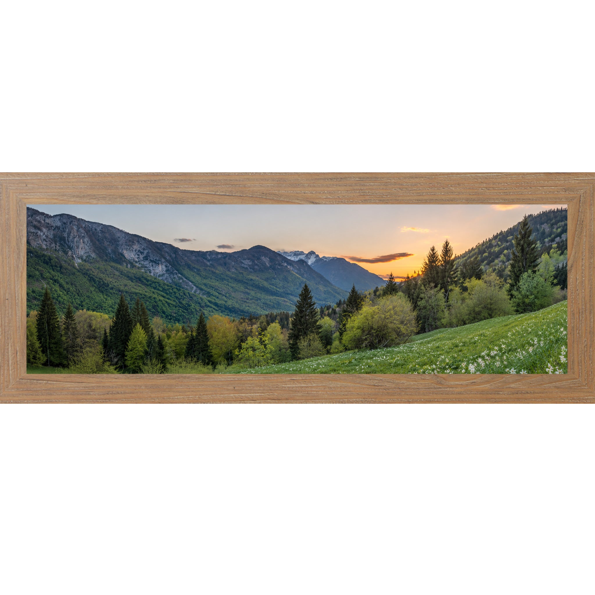 Farmtable framed wide panoramic nature wall art featuring a mountain valley at sunset with snow-capped peaks evergreen forest and white wildflower meadow in the foreground