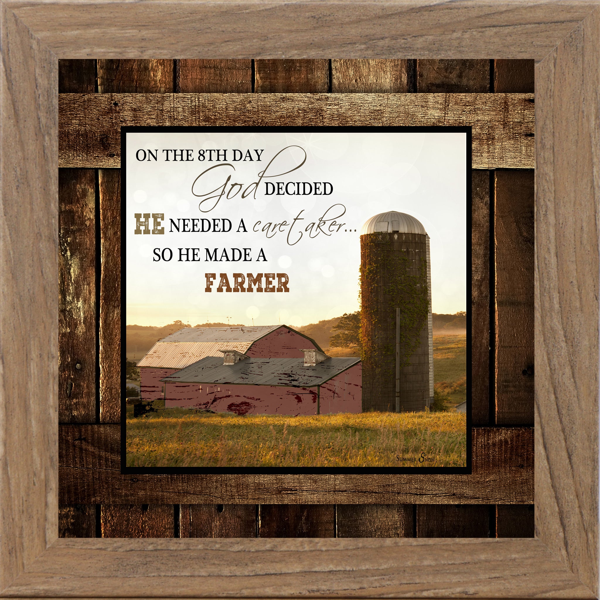 Farmtable framed square farmhouse wall art with On The 8th Day God Made A Farmer quote over red barn and ivy silo at golden sunrise on rustic barn wood background