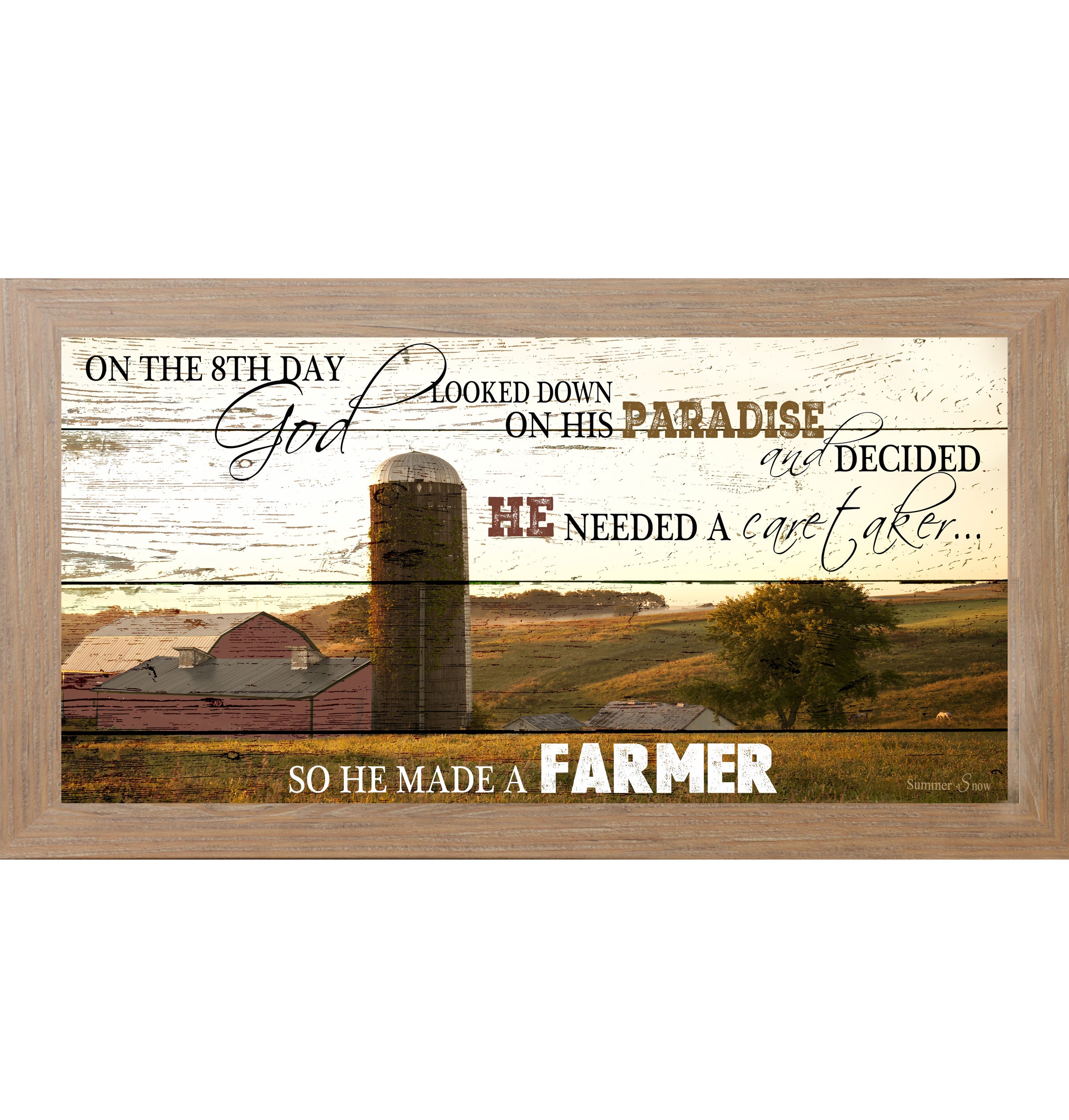 Farmtable framed wide panoramic farmhouse wall art featuring a red barn and silo on pallet wood background with the full quote On The 8th Day God Looked Down On His Paradise And Decided He Needed A Caretaker So He Made A Farmer
