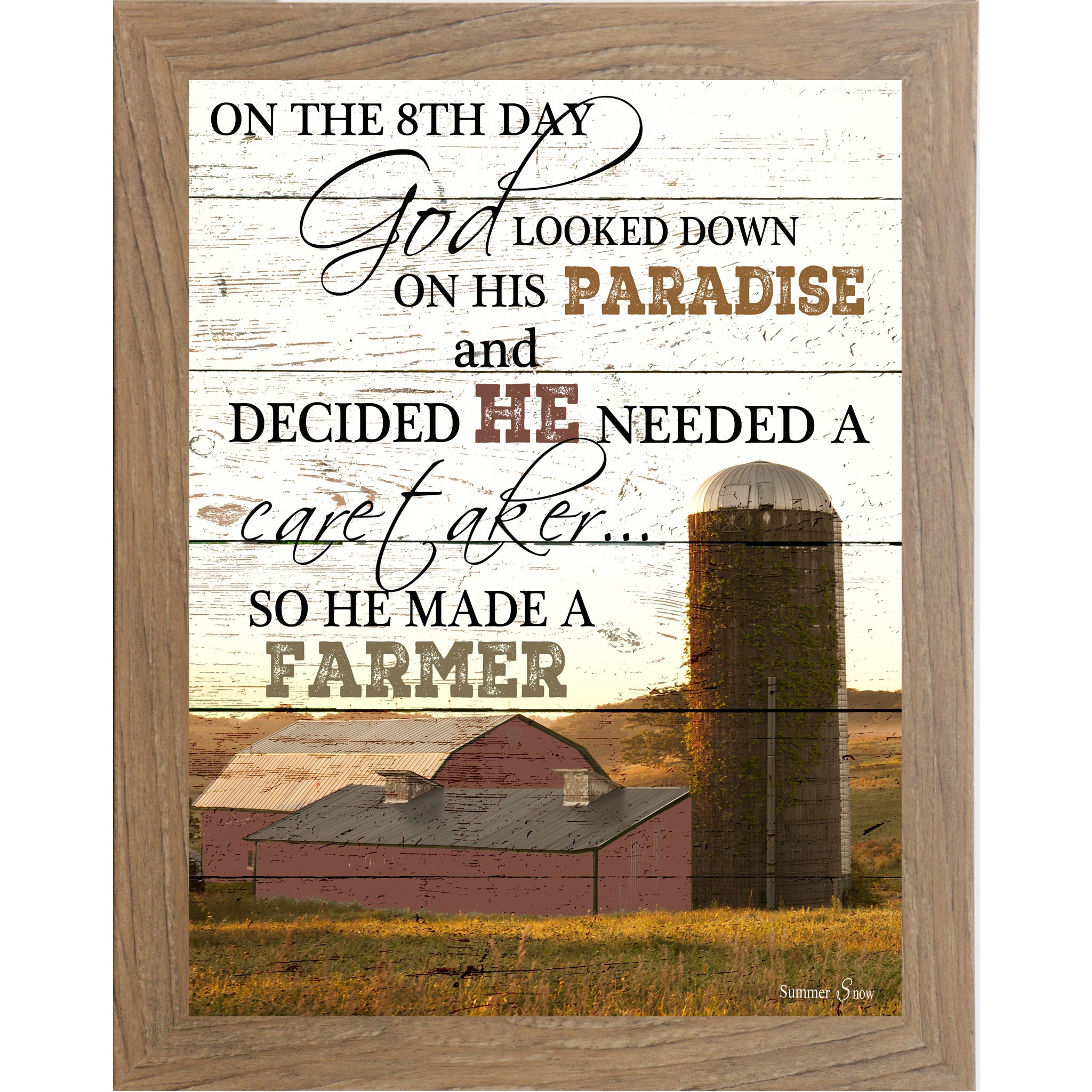 Farmtable framed portrait farmhouse wall art with full On The 8th Day God Made A Farmer quote in bold mixed typography over red barn and ivy silo photograph on rustic pallet wood background