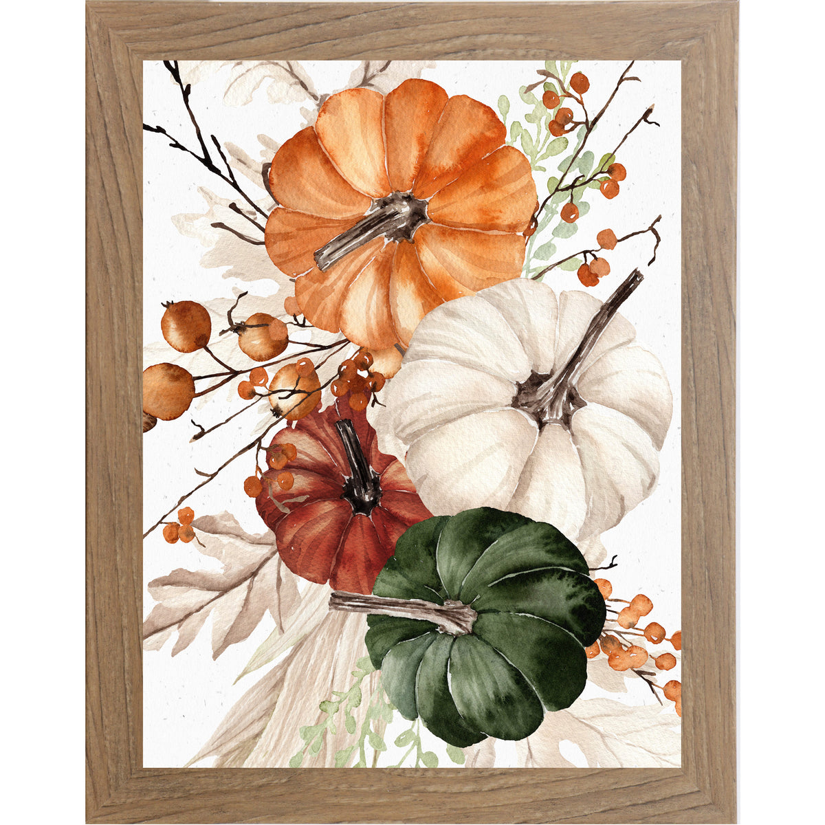 Farmtable framed portrait fall wall art featuring watercolor orange white burgundy and green pumpkins with dried berries and neutral foliage — Pumpkin Bouquet SB252 right panel