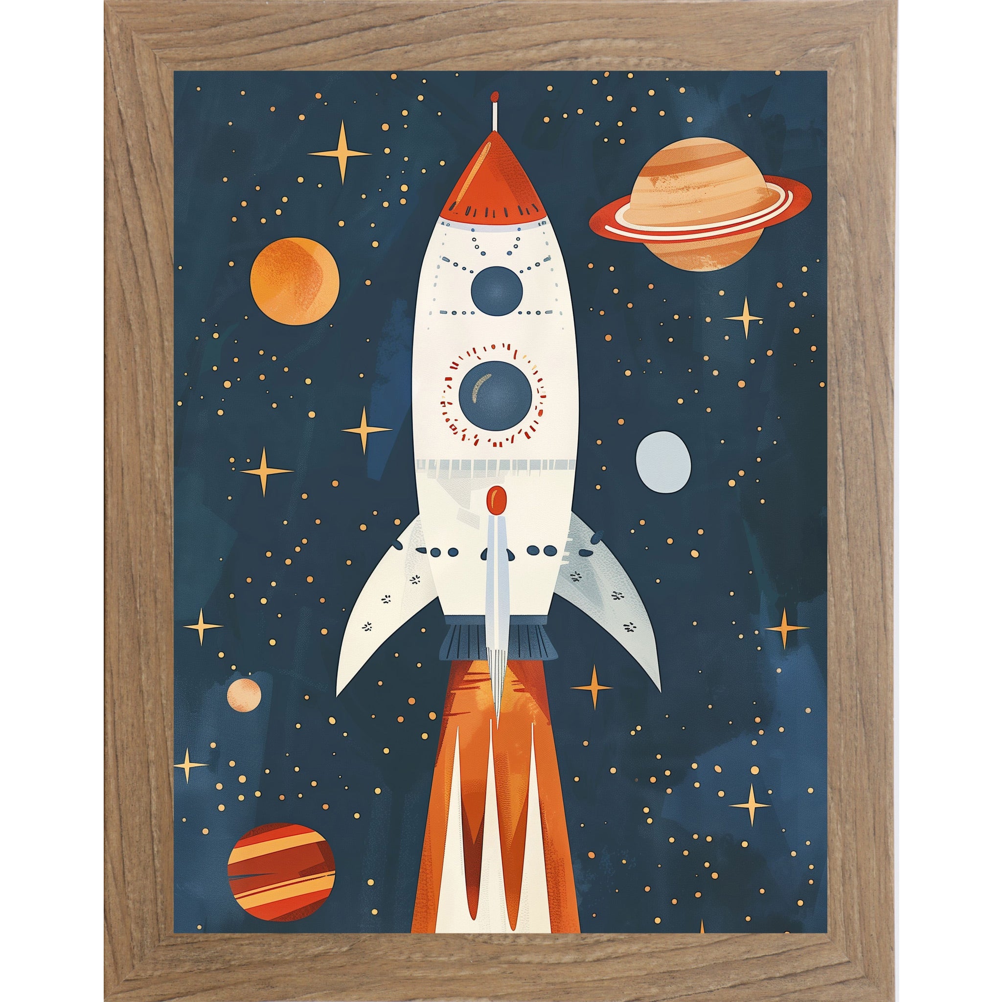 Farmtable framed portrait space wall art featuring a vivid rocket ship blasting off through a star-filled navy sky with glowing planets — SB265