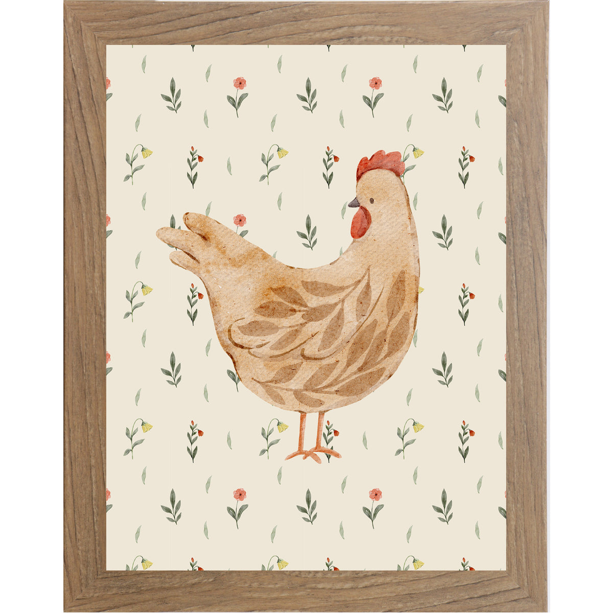 Farmtable framed vertical farmhouse wall art featuring a soft cream watercolor hen left-facing with botanical leaf body pattern on a cream background with tiny red wildflowers and green leaves