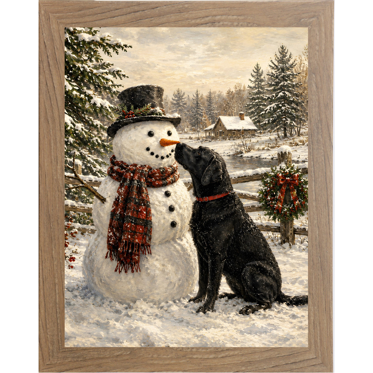 Farmtable framed portrait heritage Christmas wall art featuring a black Labrador nosing a top-hatted snowman in a plaid scarf against a snowy countryside scene