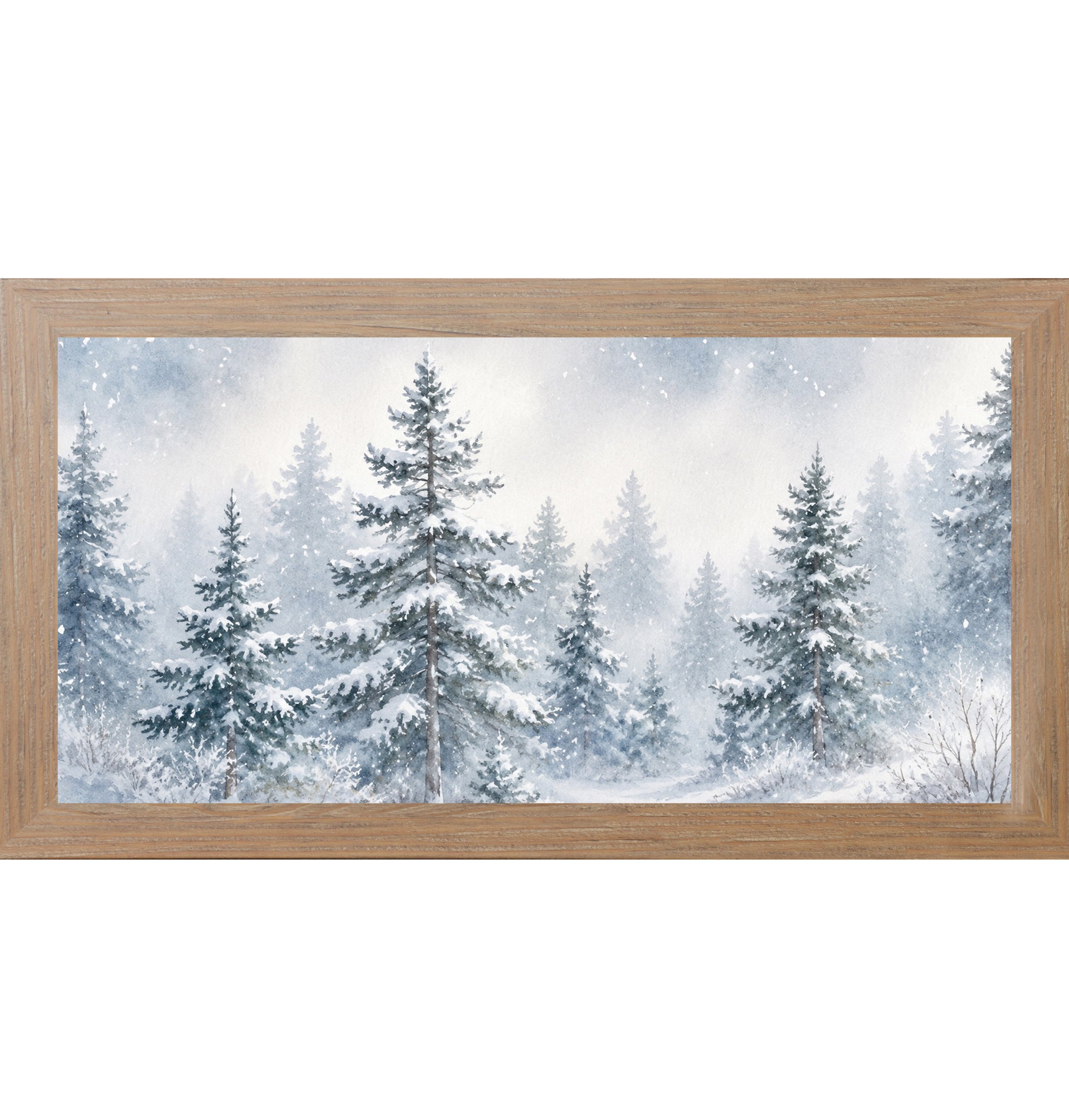 Farmtable framed wide landscape watercolor winter wall art featuring a full panoramic view of snow-covered pine trees