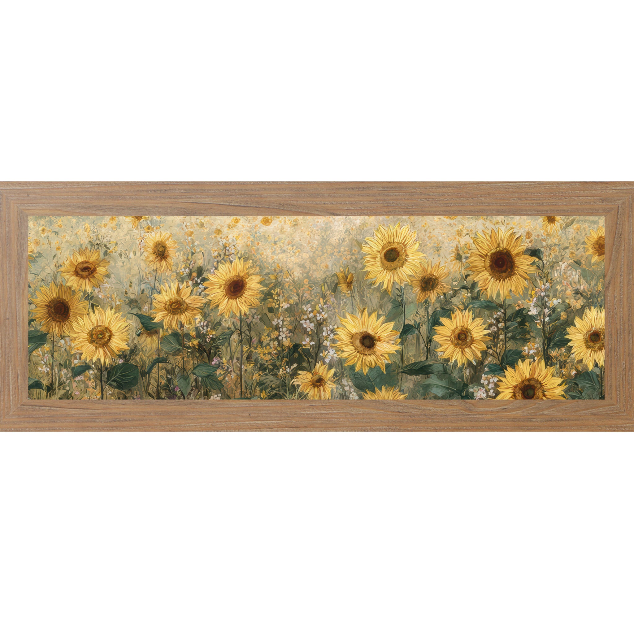 Farmtable framed wide landscape sunflower wall art featuring a golden field of sunflowers with deep brown centers, lush green leaves, and scattered white wildflowers against a warm aged background