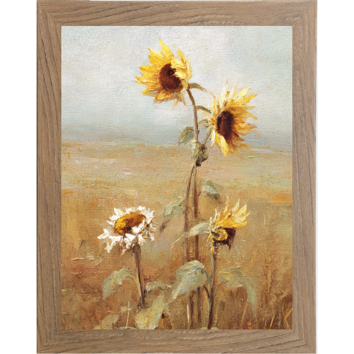 Farmtable framed vertical farmhouse wall art featuring four sunflowers in expressive oil painting style with thick brushstrokes against a soft blue-gray sky and golden wheat field