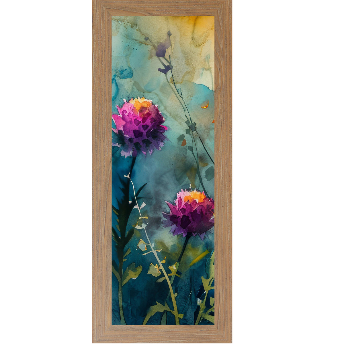 Farmtable framed narrow portrait watercolor wildflower wall art with two bold purple-magenta blooms against a deep teal and gold background