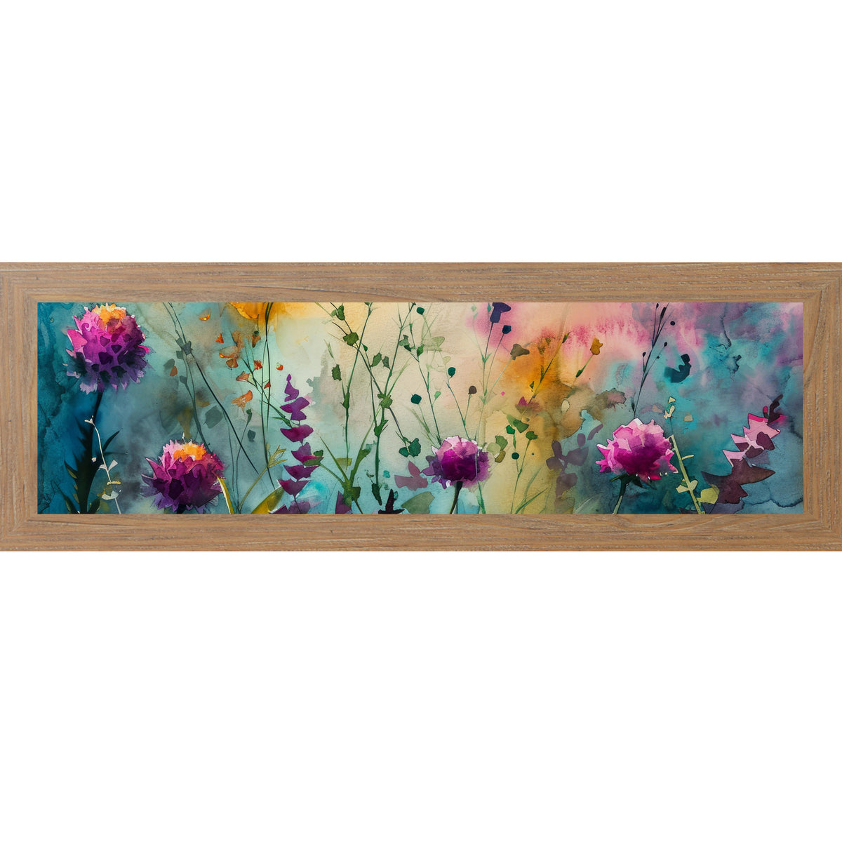 Farmtable framed wide landscape watercolor wildflower wall art with purple and magenta blooms across a sweeping teal gold and pink meadow background