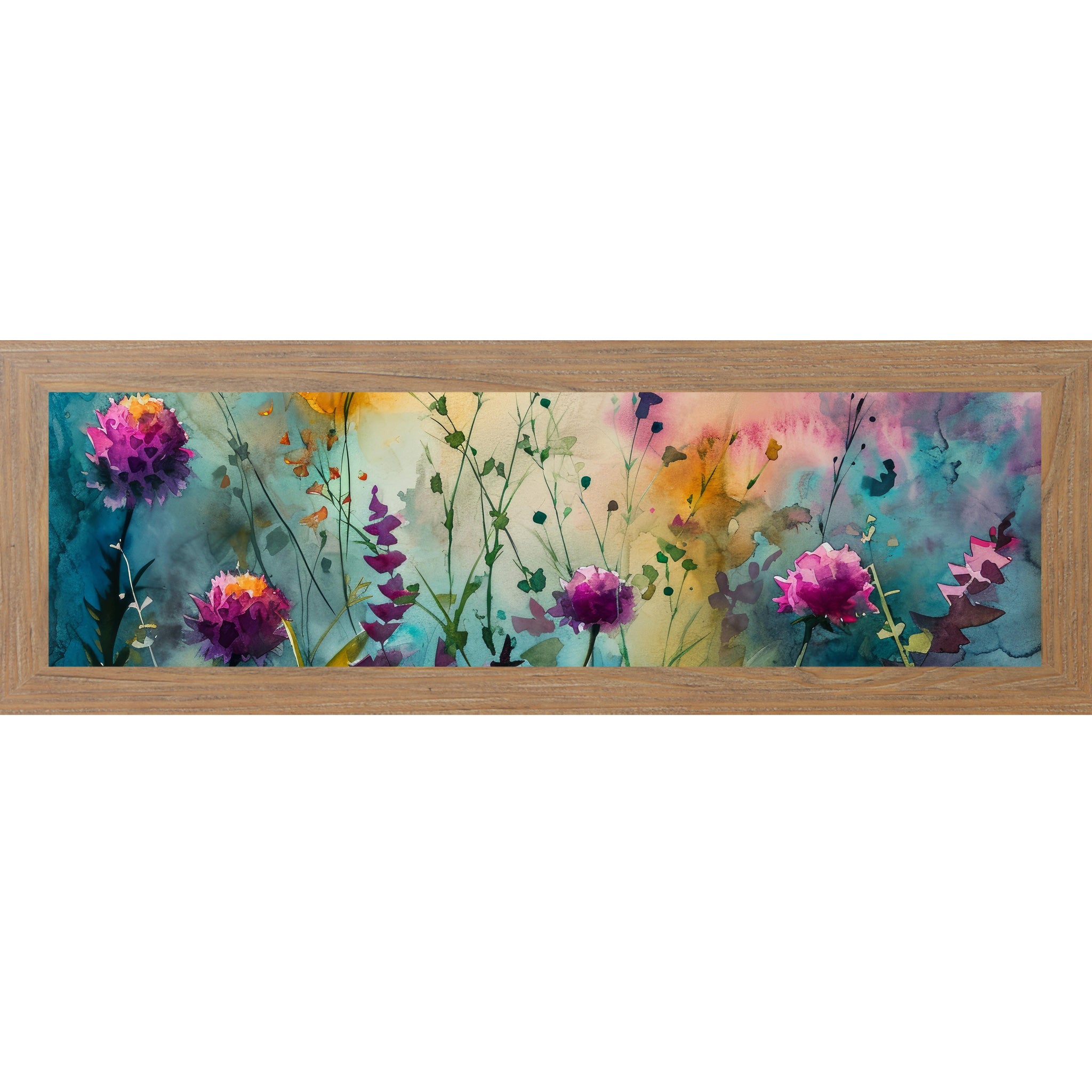 Farmtable framed wide landscape watercolor wildflower wall art with purple and magenta blooms across a sweeping teal gold and pink meadow background
