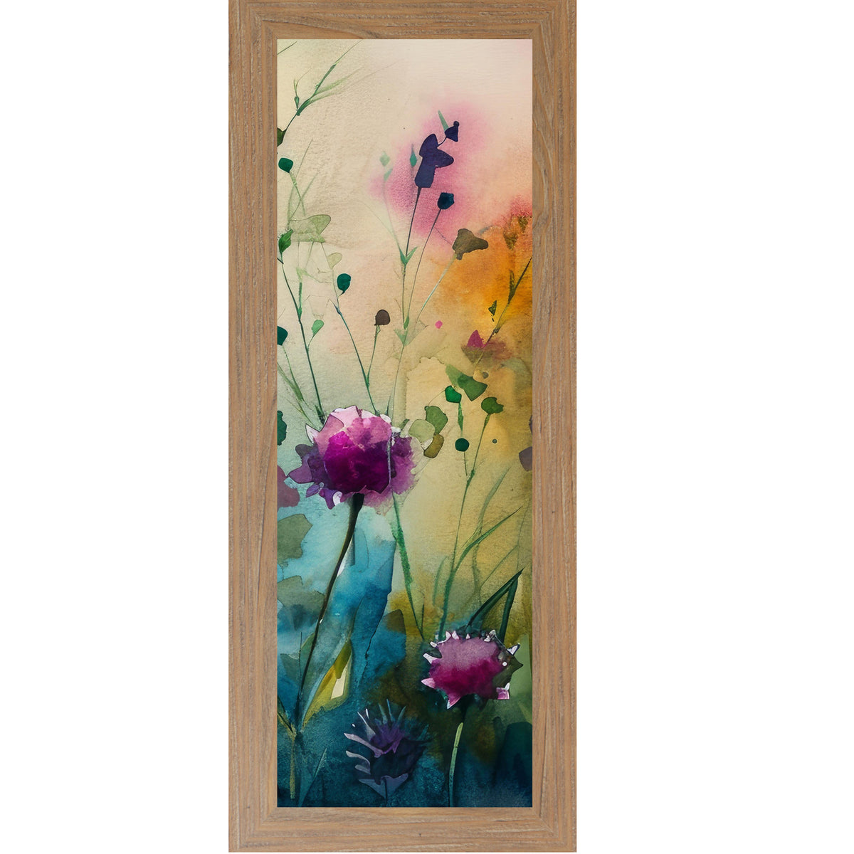 Farmtable framed narrow portrait watercolor wildflower wall art with magenta peonies rising from a teal garden base against a warm peach and pink background