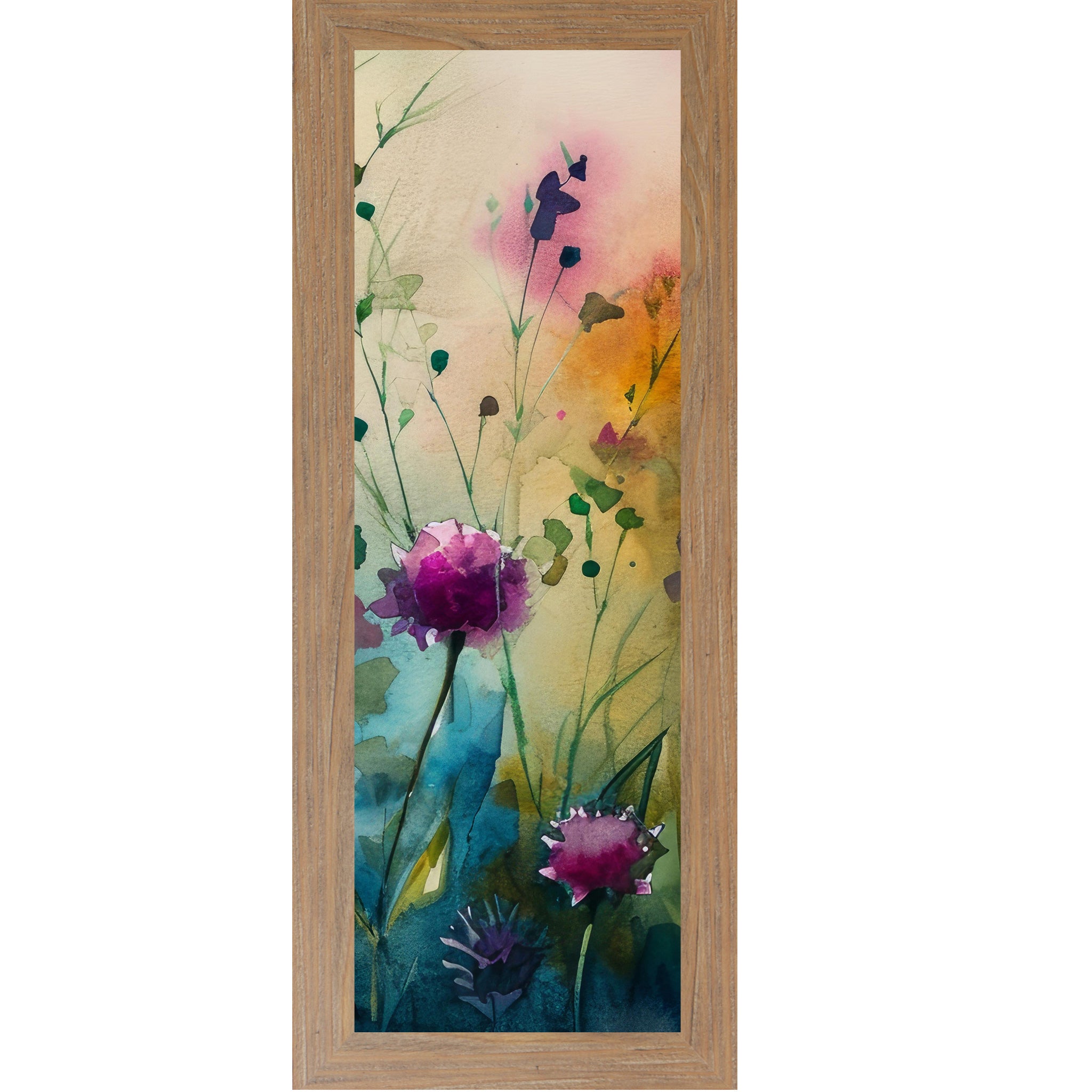 Farmtable framed narrow portrait watercolor wildflower wall art with magenta peonies rising from a teal garden base against a warm peach and pink background