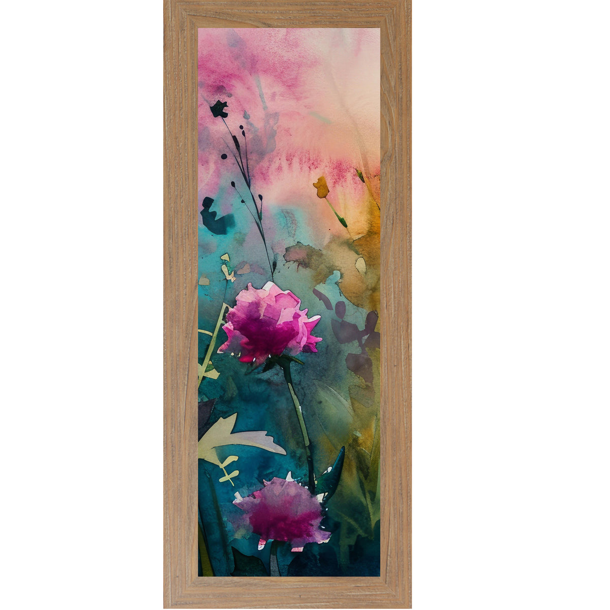  Farmtable framed narrow portrait watercolor wildflower wall art with a large open magenta peony against a hot pink teal and orange background with dramatic ink-style stems