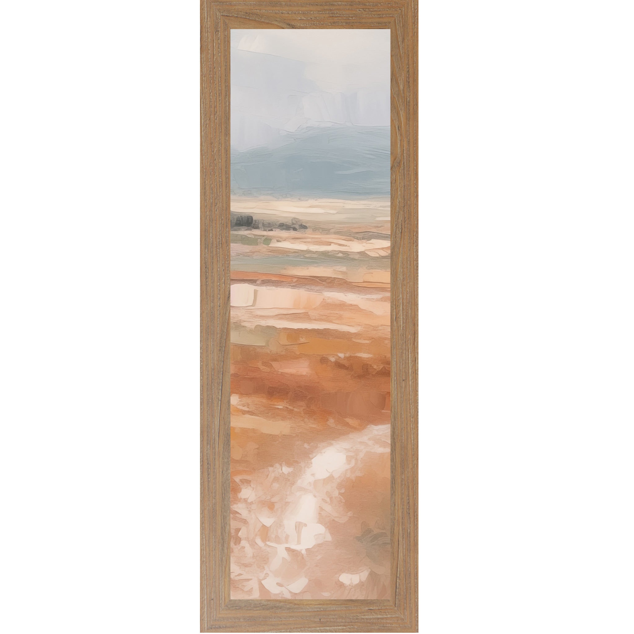 Farmtable framed narrow portrait abstract terracotta landscape wall art with soft peach and blush field pale lavender sky and single tree on right edge